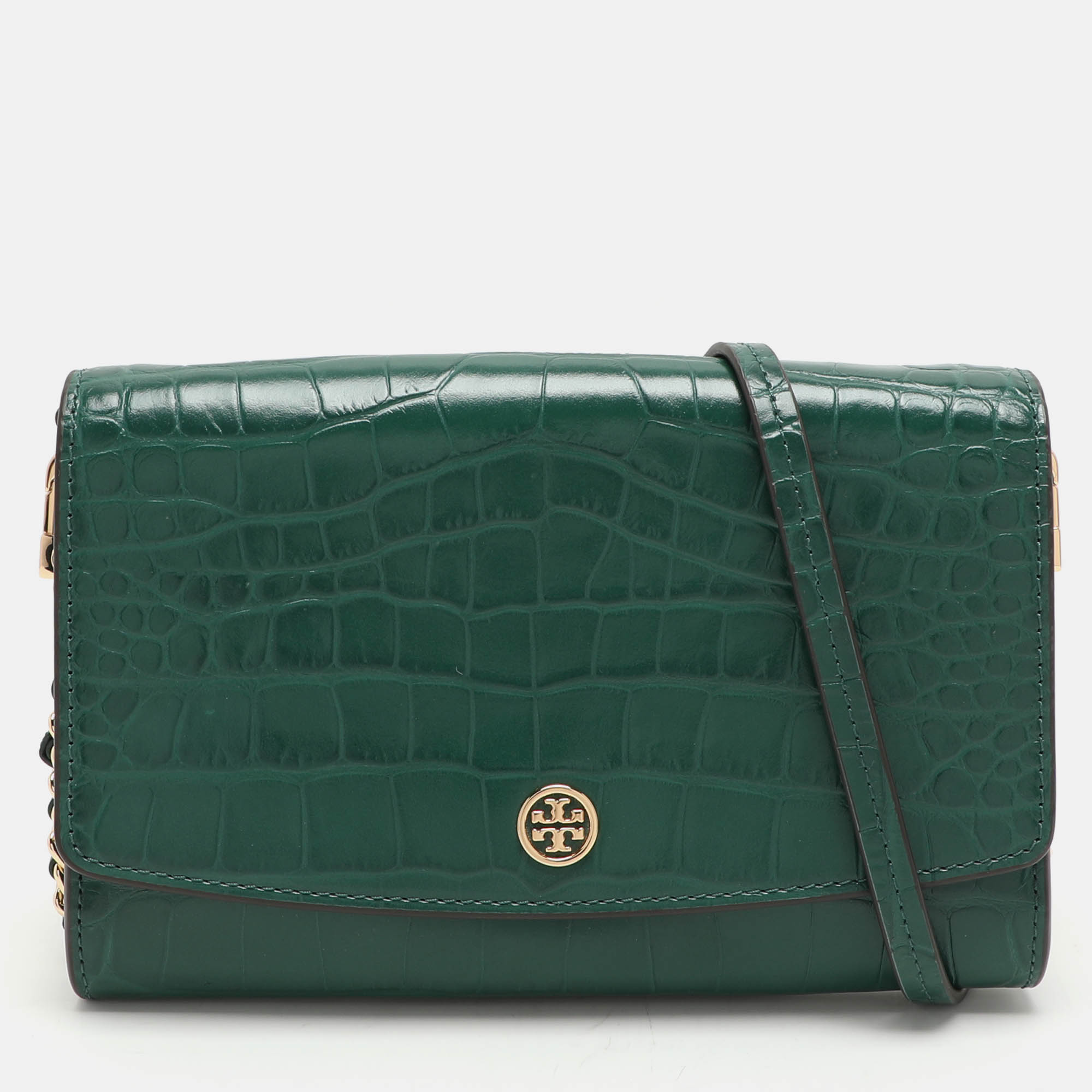 

Tory Burch Green Croc Embossed Leather Robinson Wallet On Chain