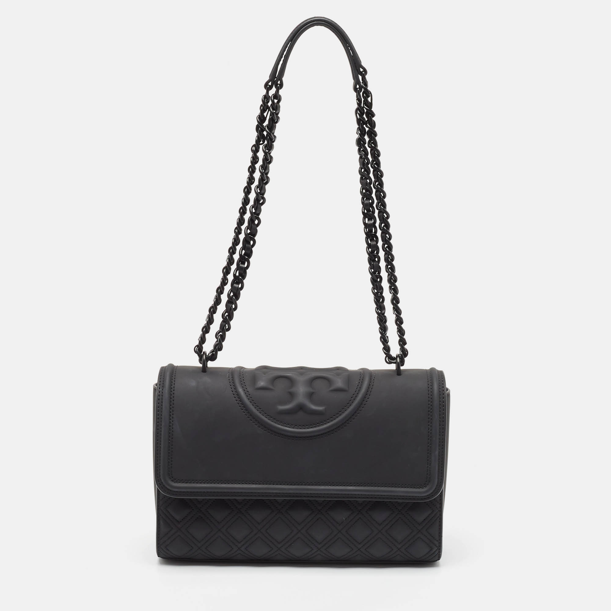 

Tory Burch Matte Black Rubber Medium Fleming Shoulder Bag