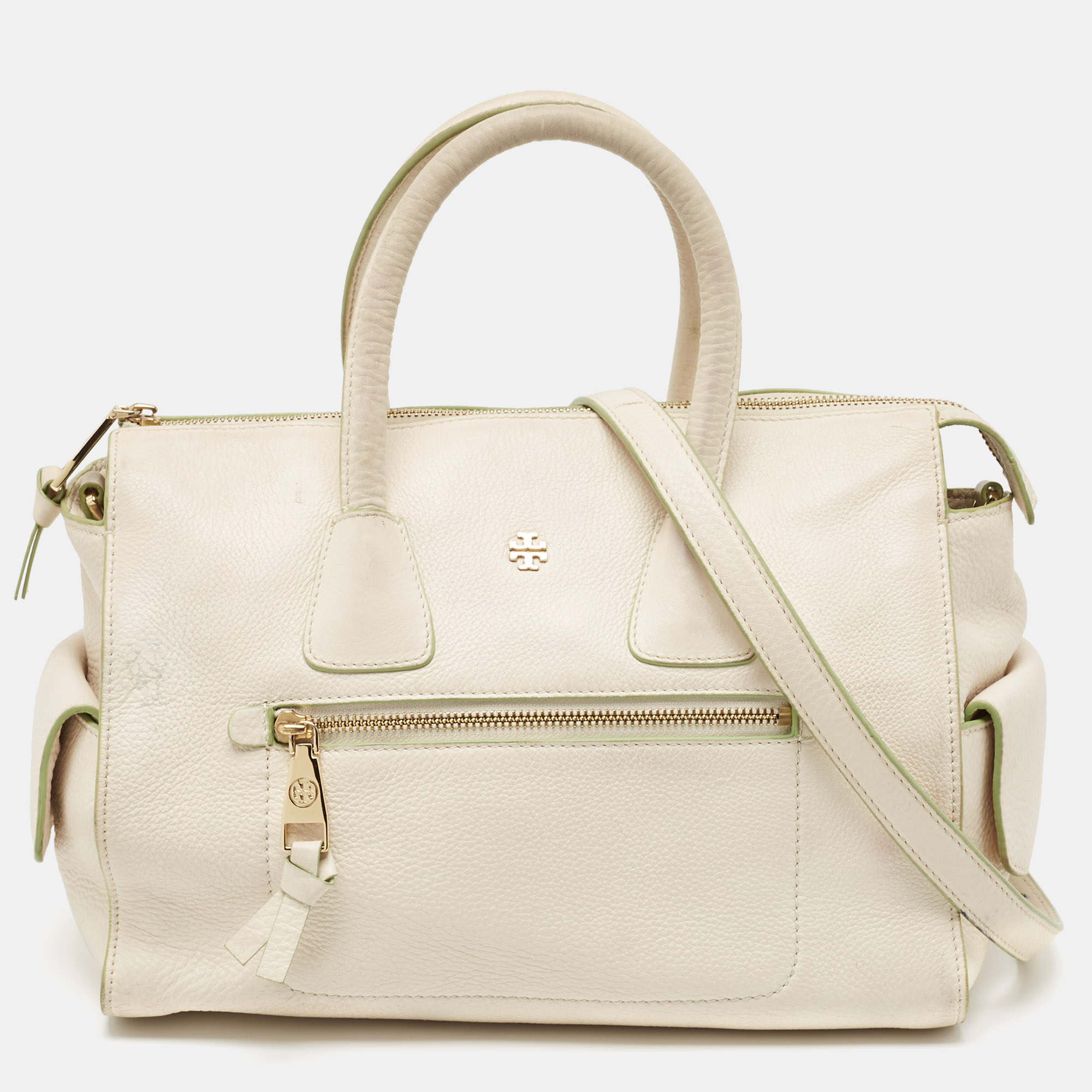 

Tory Burch Off White Leather Side Pockets Satchel