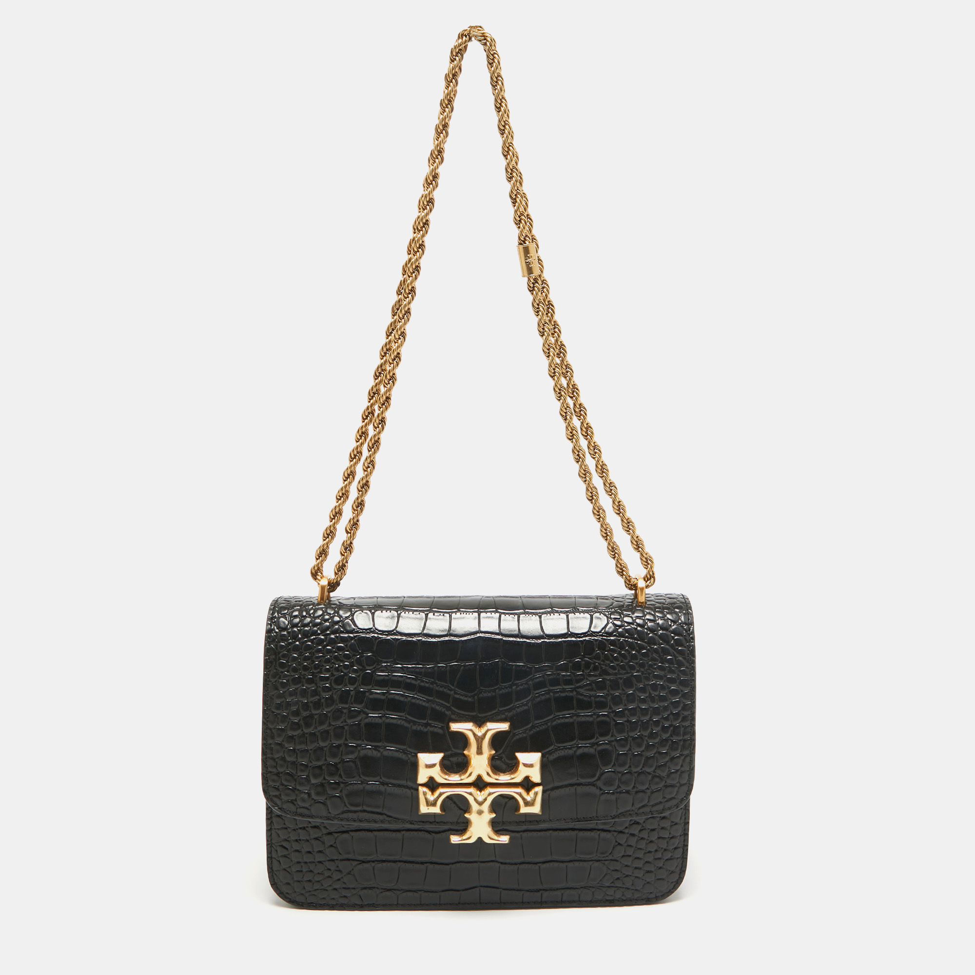 

Tory Burch Black Croc Embossed Leather Eleanor Shoulder Bag