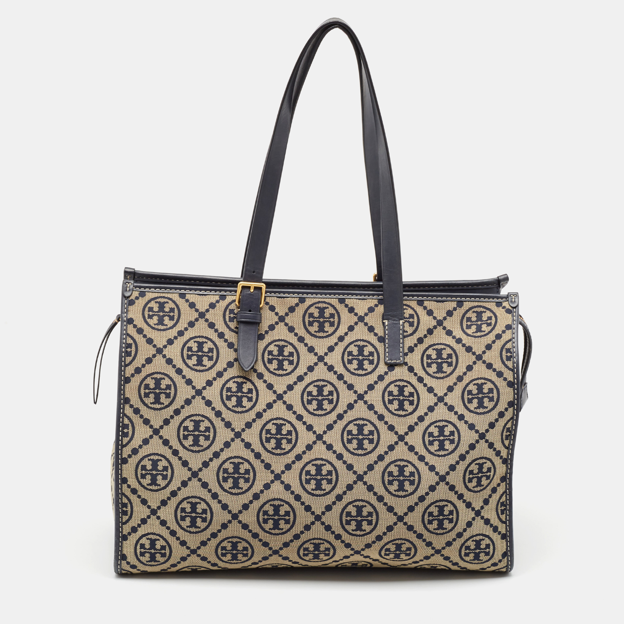 

Tory Burch Navy Blue Canvas and Leather T Monogram Tote