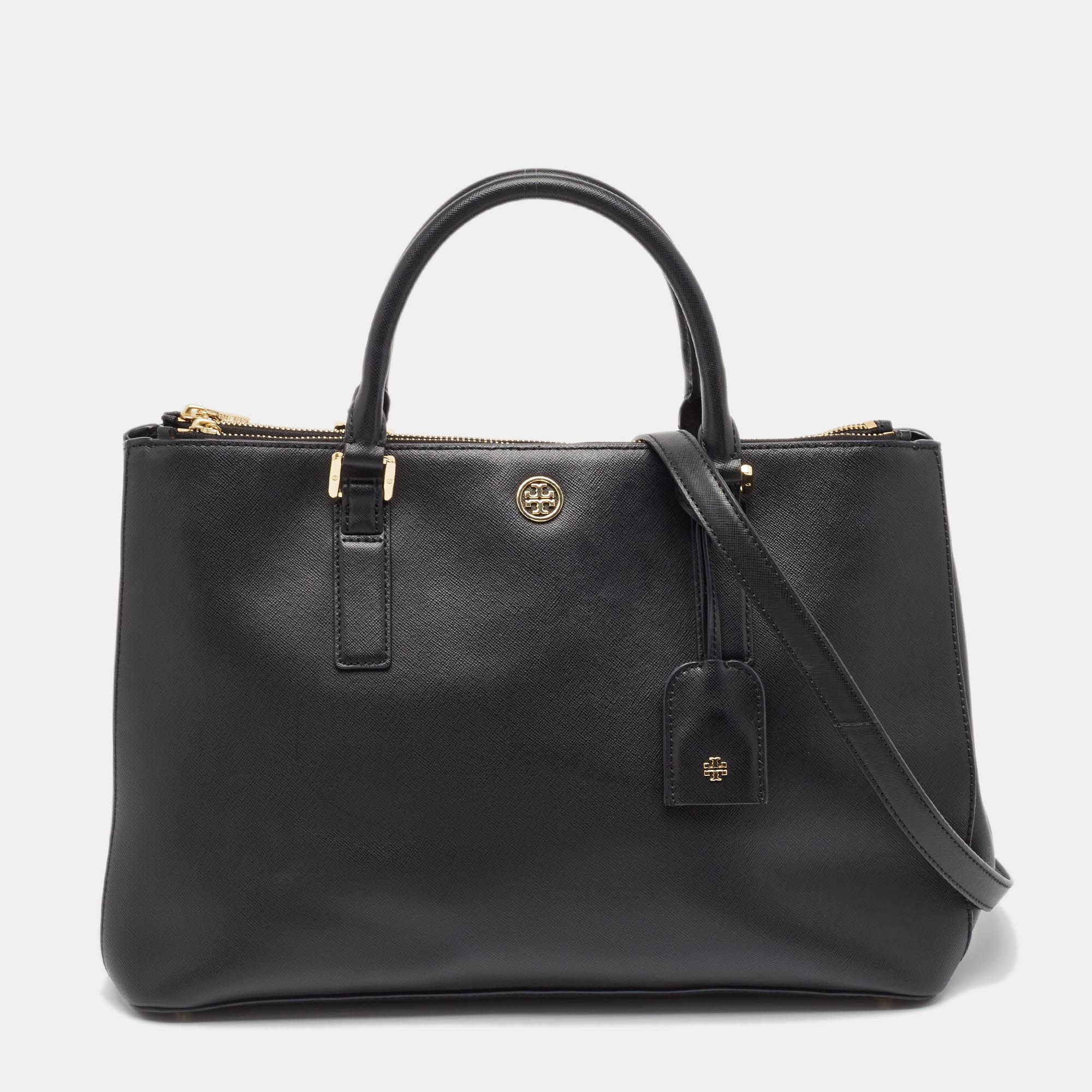 

Tory Burch Black Saffiano Leather  Double Zip Robinson Tote