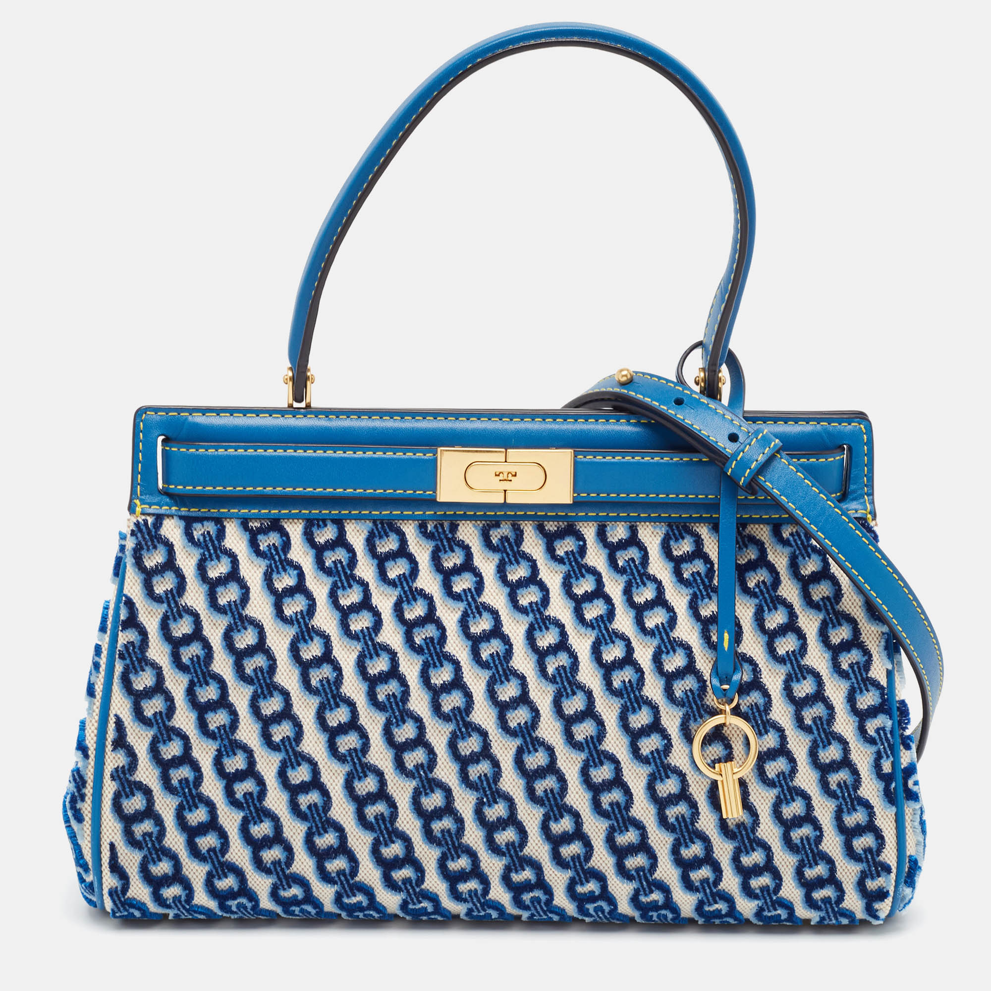 

Tory Burch Blue Canvas and Velvet Small Lee Radziwill Top Handle Bag