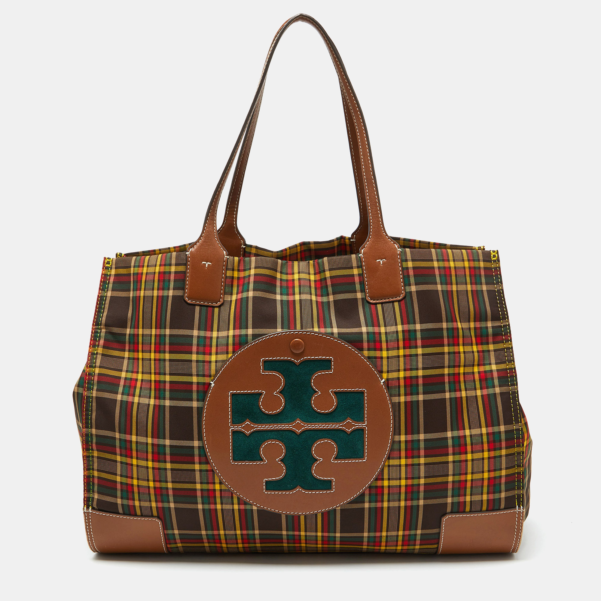 

Tory Burch Multicolor Plaid Fabric and Leather Ella Shopper Tote