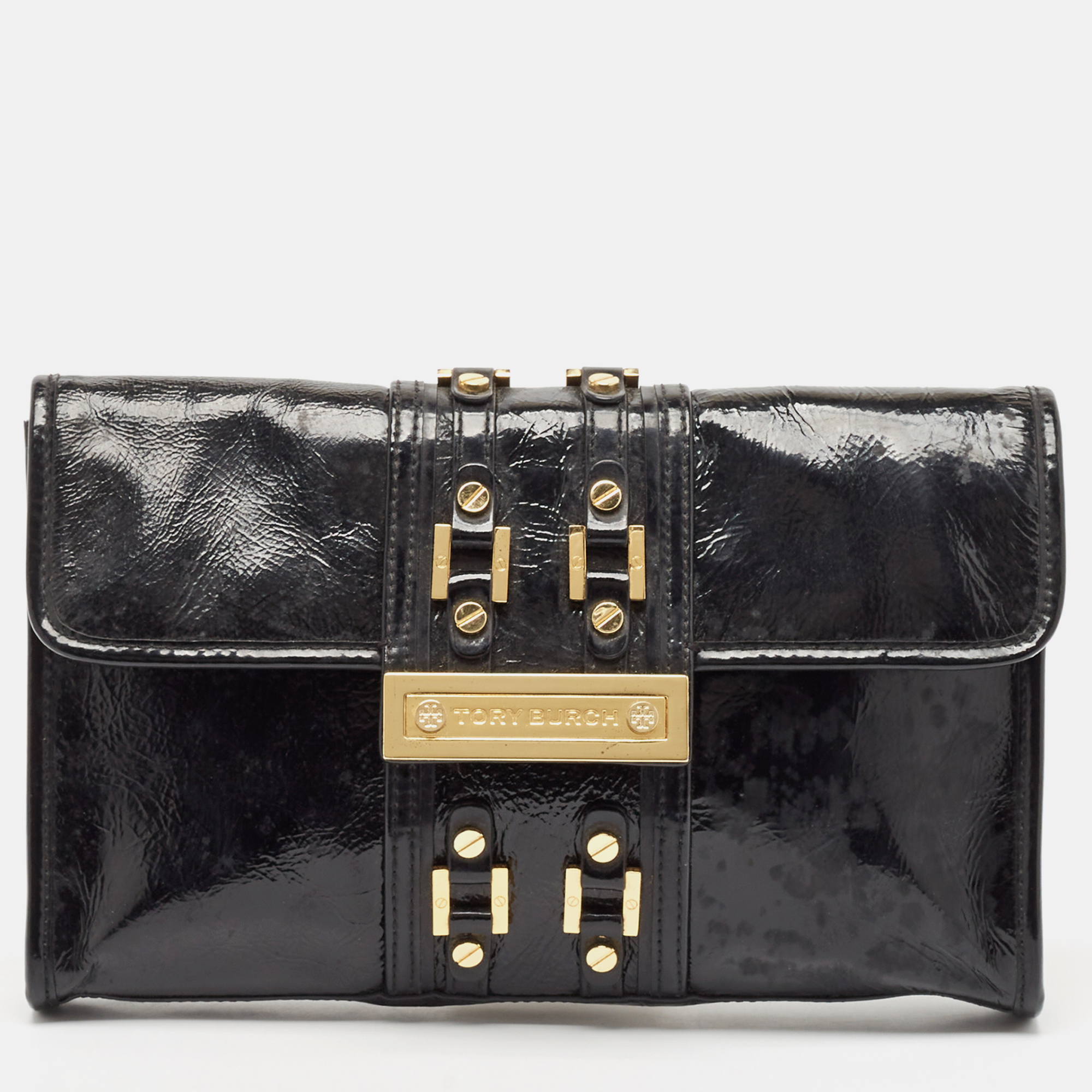 

Tory Burch Black Crinkled Patent Leather Matthias Clutch