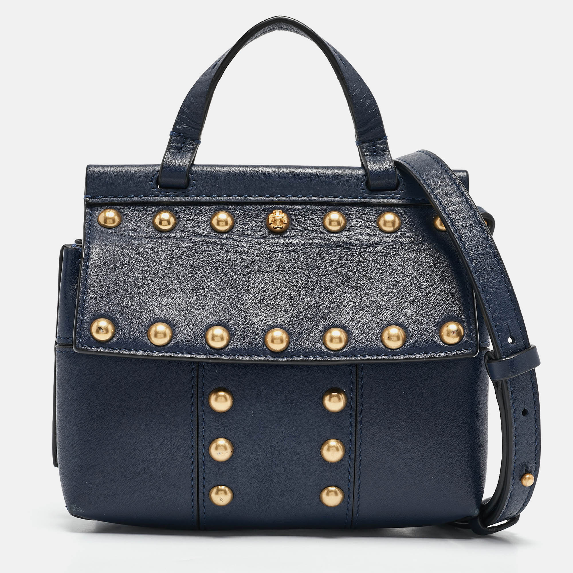 

Tory Burch Navy Blue Leather Mini Block-T Top Handle Bag