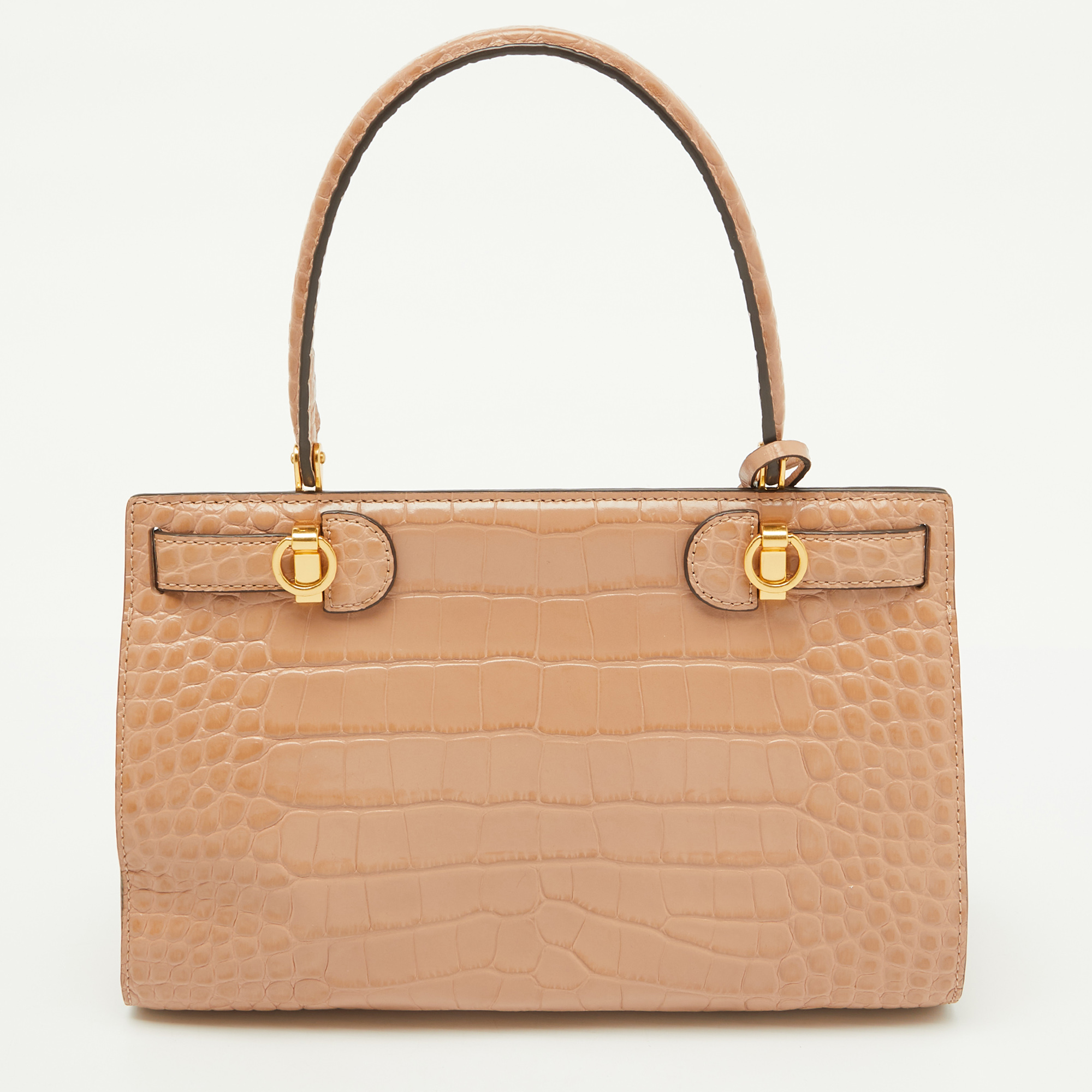 Tory Burch Beige Croc Embossed Leather Small Lee Radziwill Top Handle Bag 