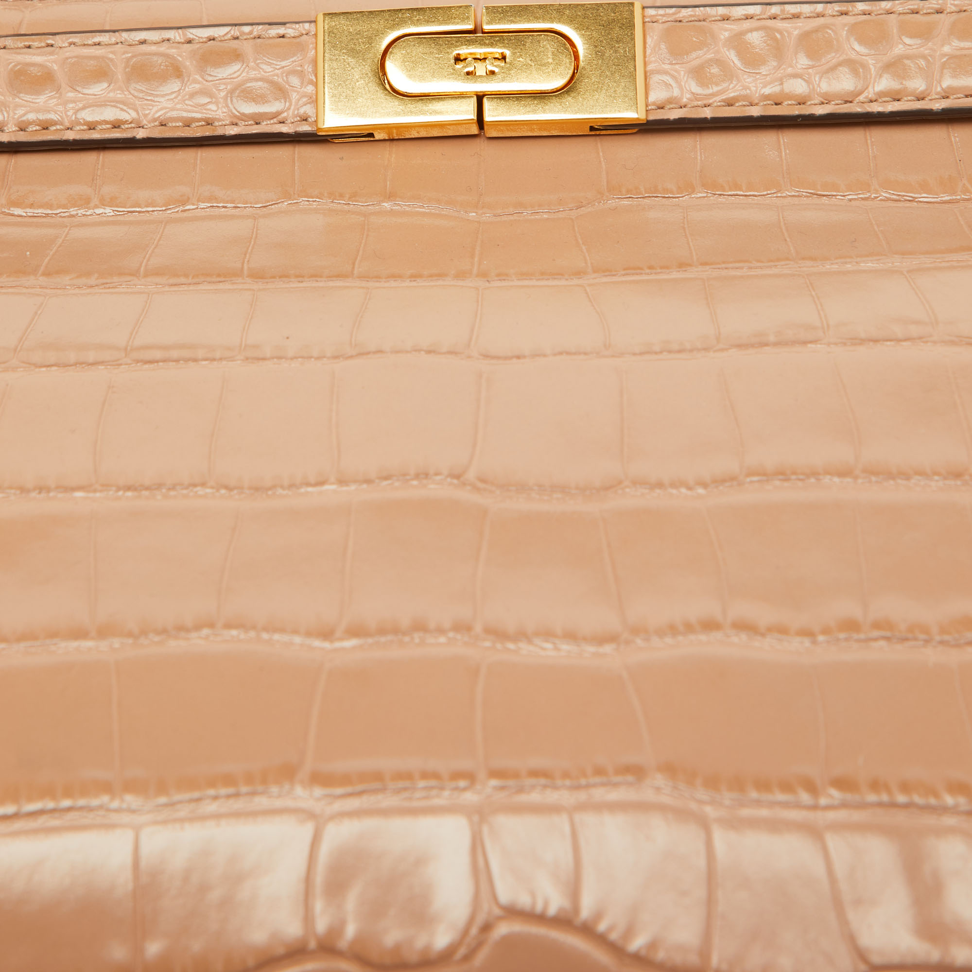 Tory Burch Beige Croc Embossed Leather Small Lee Radziwill Top Handle Bag 