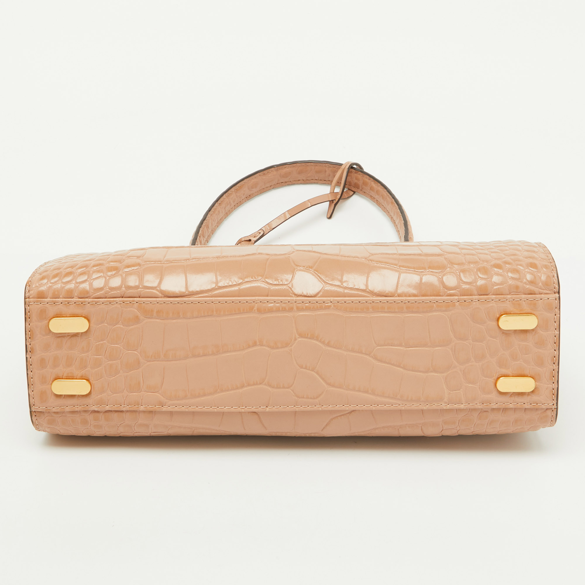 Tory Burch Beige Croc Embossed Leather Small Lee Radziwill Top Handle Bag 