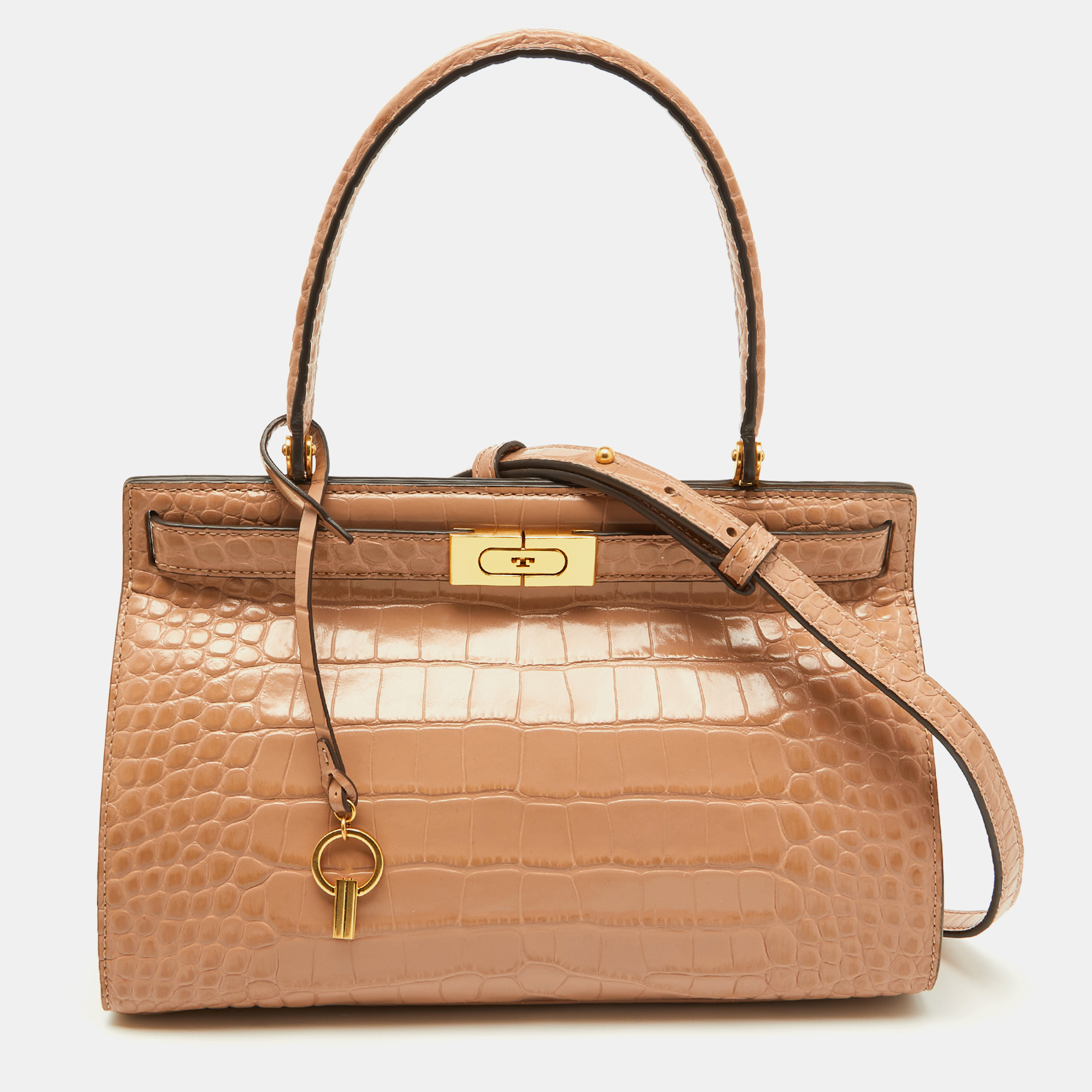 

Tory Burch Beige Croc Embossed Leather Small Lee Radziwill Top Handle Bag