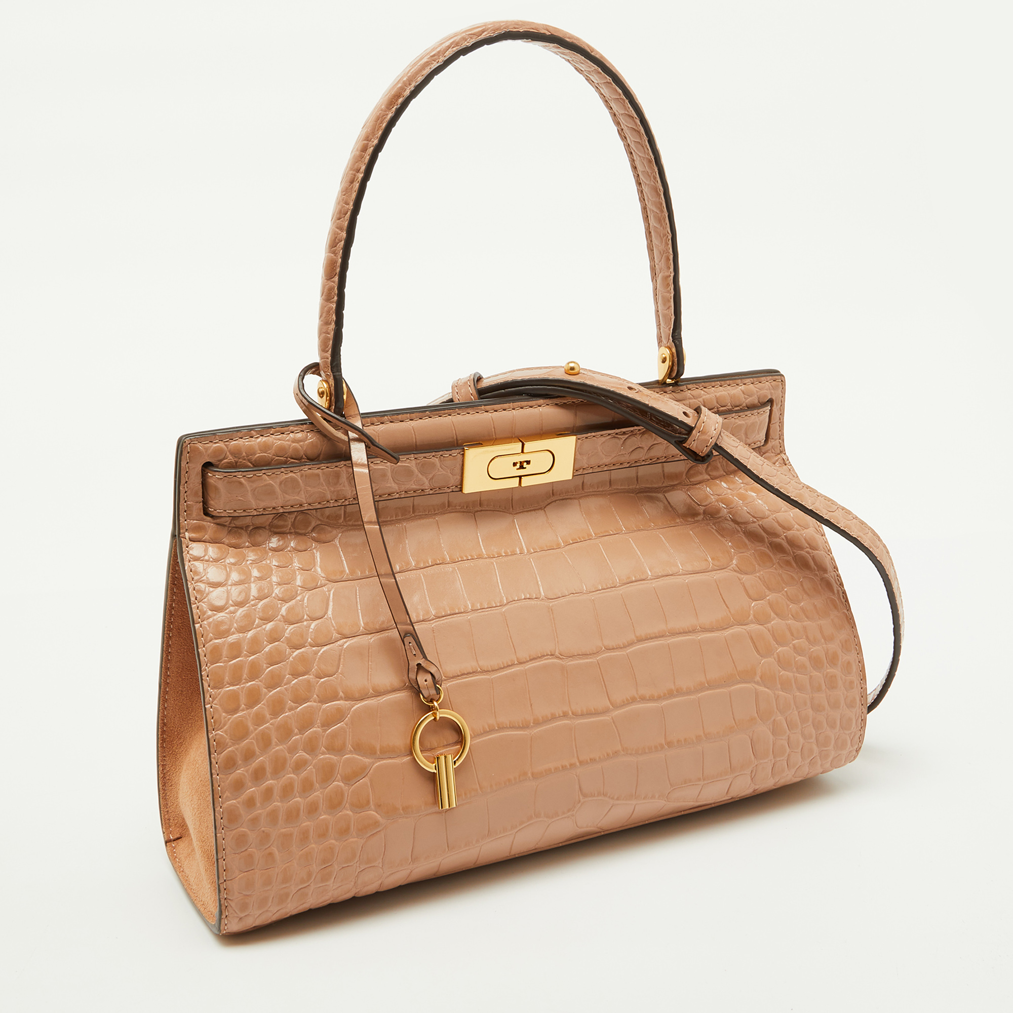 Tory Burch Beige Croc Embossed Leather Small Lee Radziwill Top Handle Bag 
