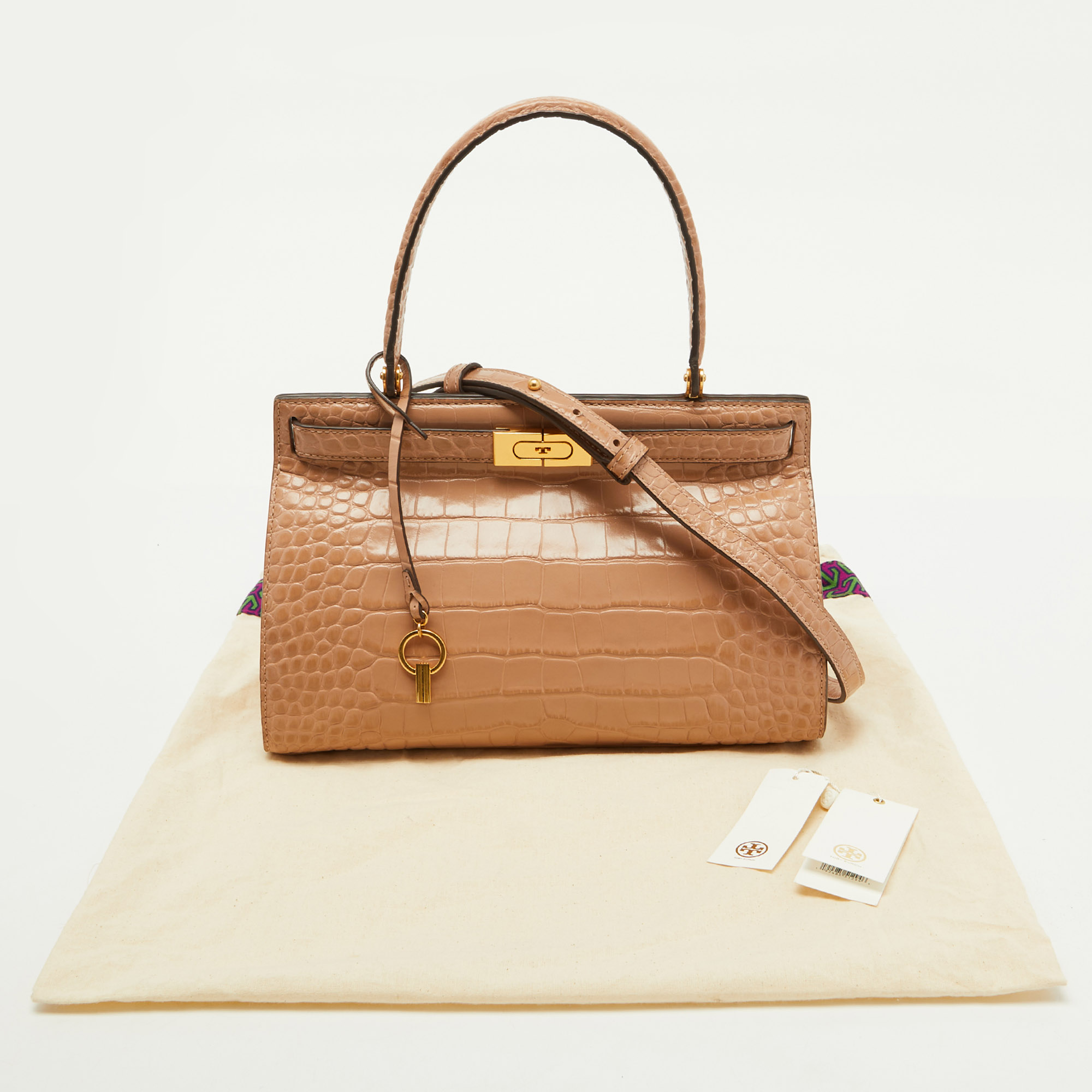 Tory Burch Beige Croc Embossed Leather Small Lee Radziwill Top Handle Bag 