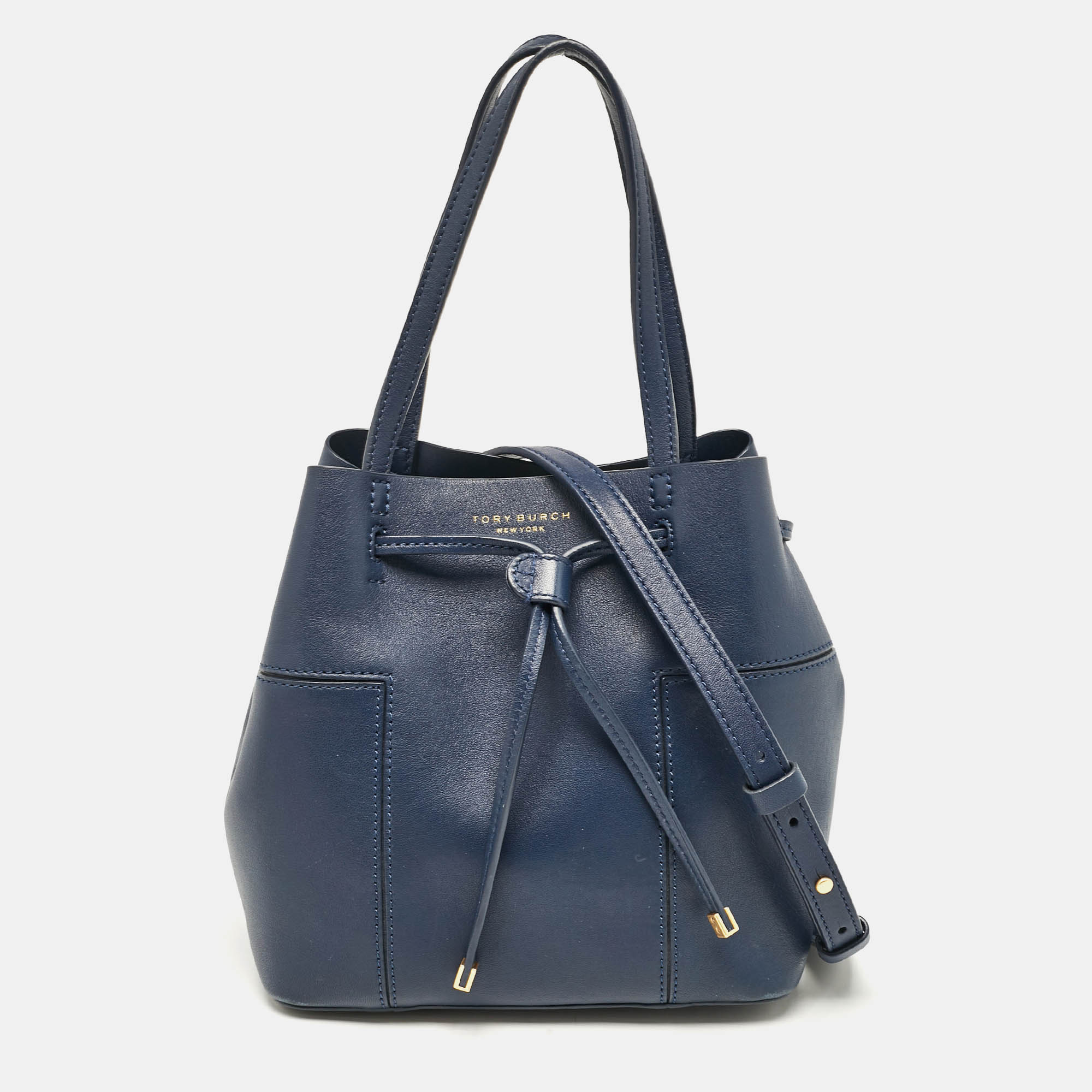 

Tory Burch Navy Blue Leather Mini Block-T Bucket Bag