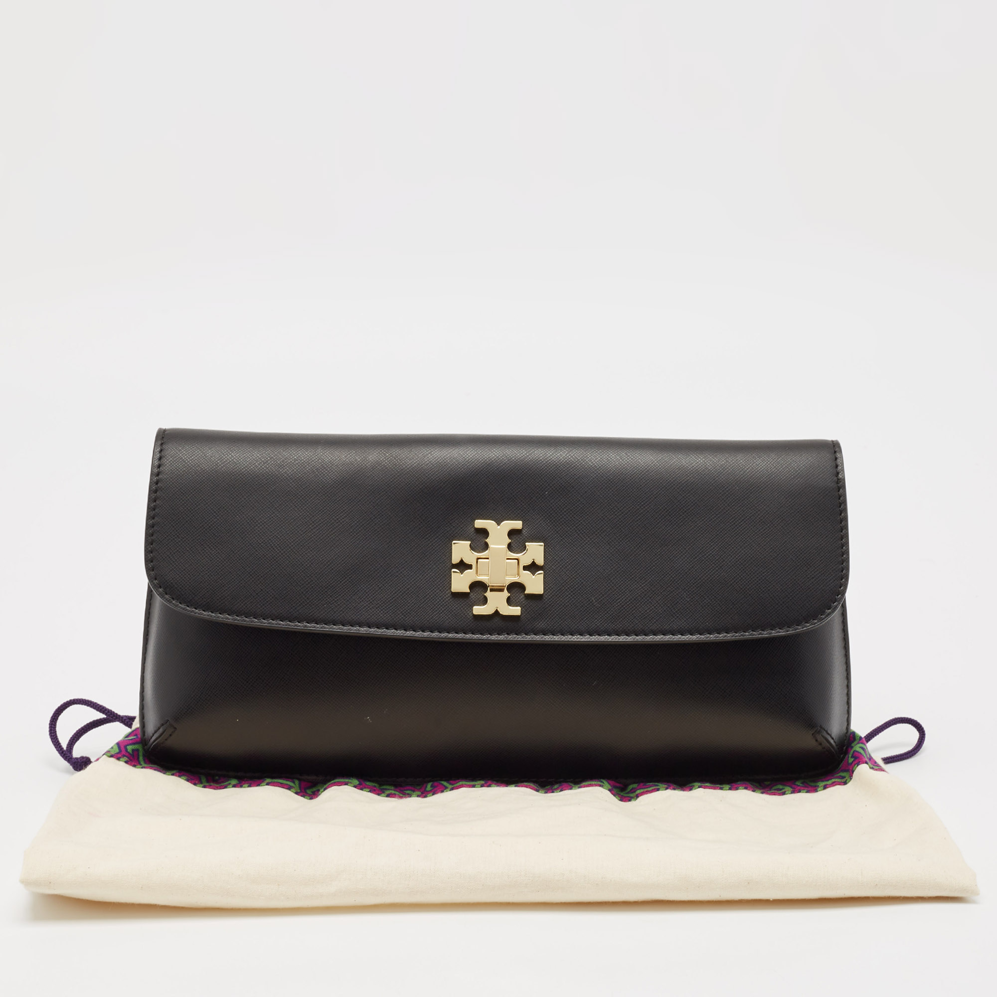Tory Burch Black Leather Slim Diana Flap Clutch 