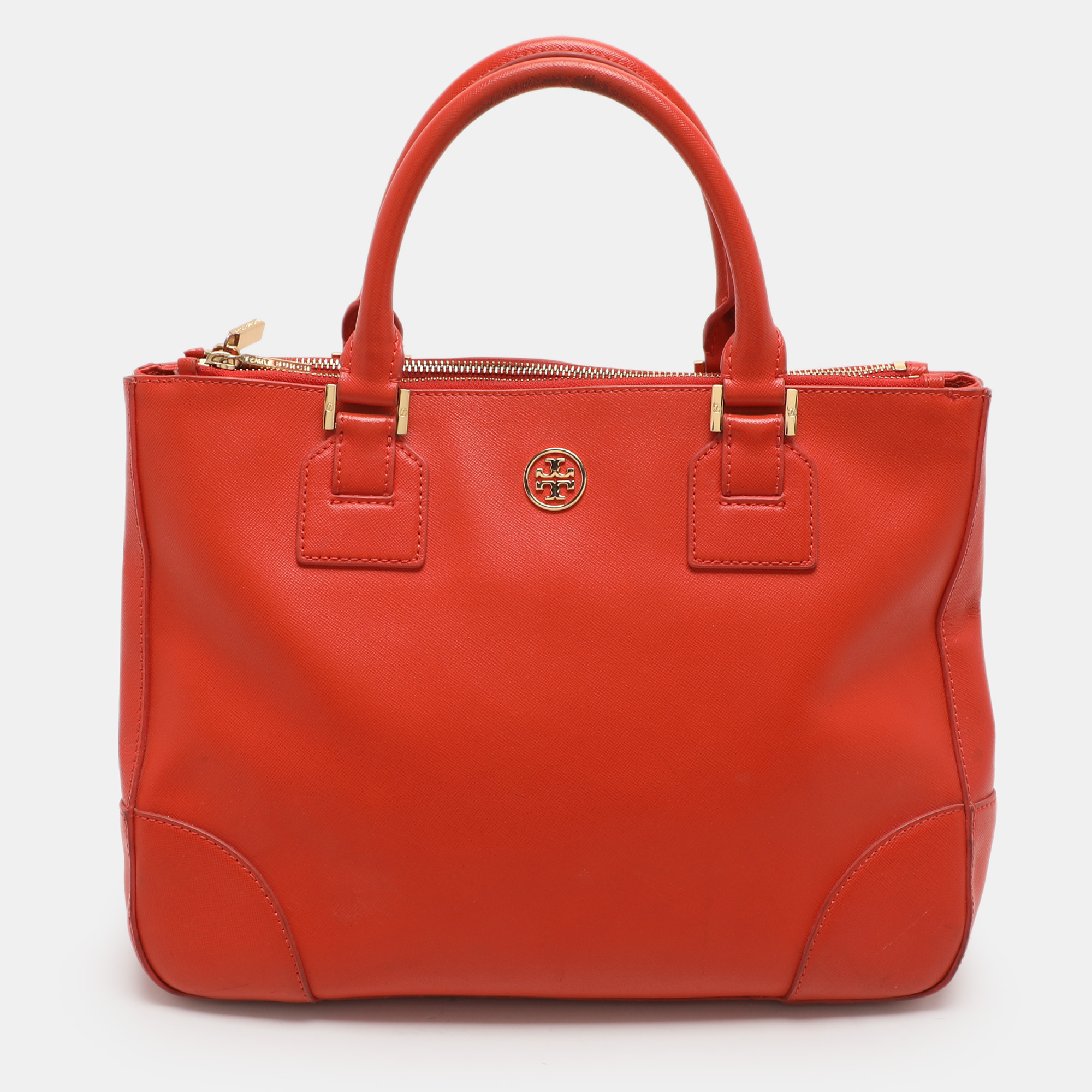 

Tory Burch Orange Leather Robinson Double Zip Tote