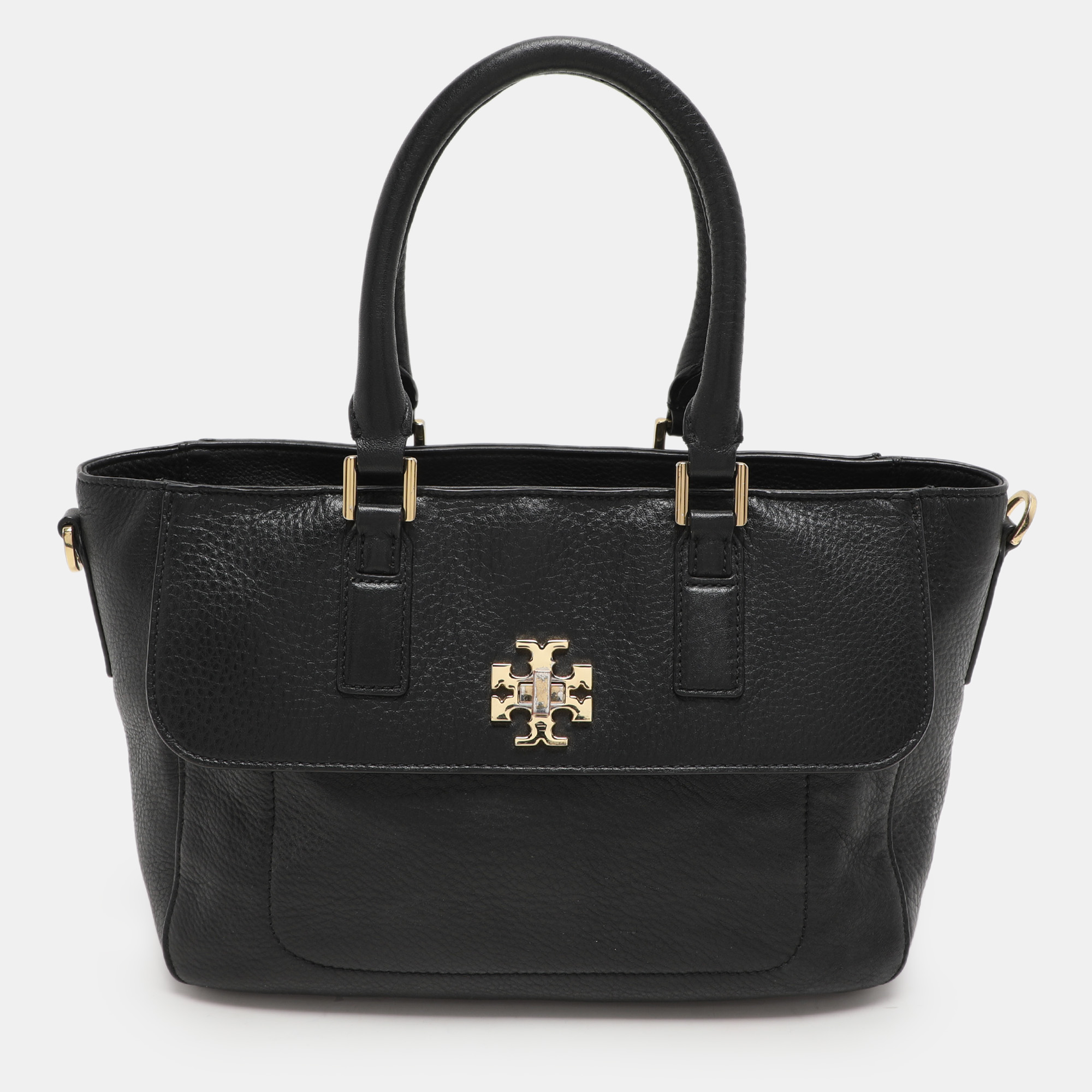 

Tory Black Grained Leather Turnlock Flap Tote