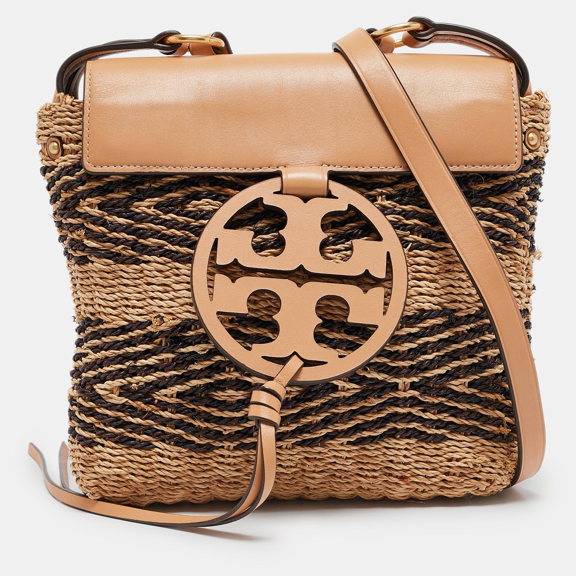 

Tory Burch Tan/Dark Brown Leather and Stripe Straw Miller Flap Crossbody Bag