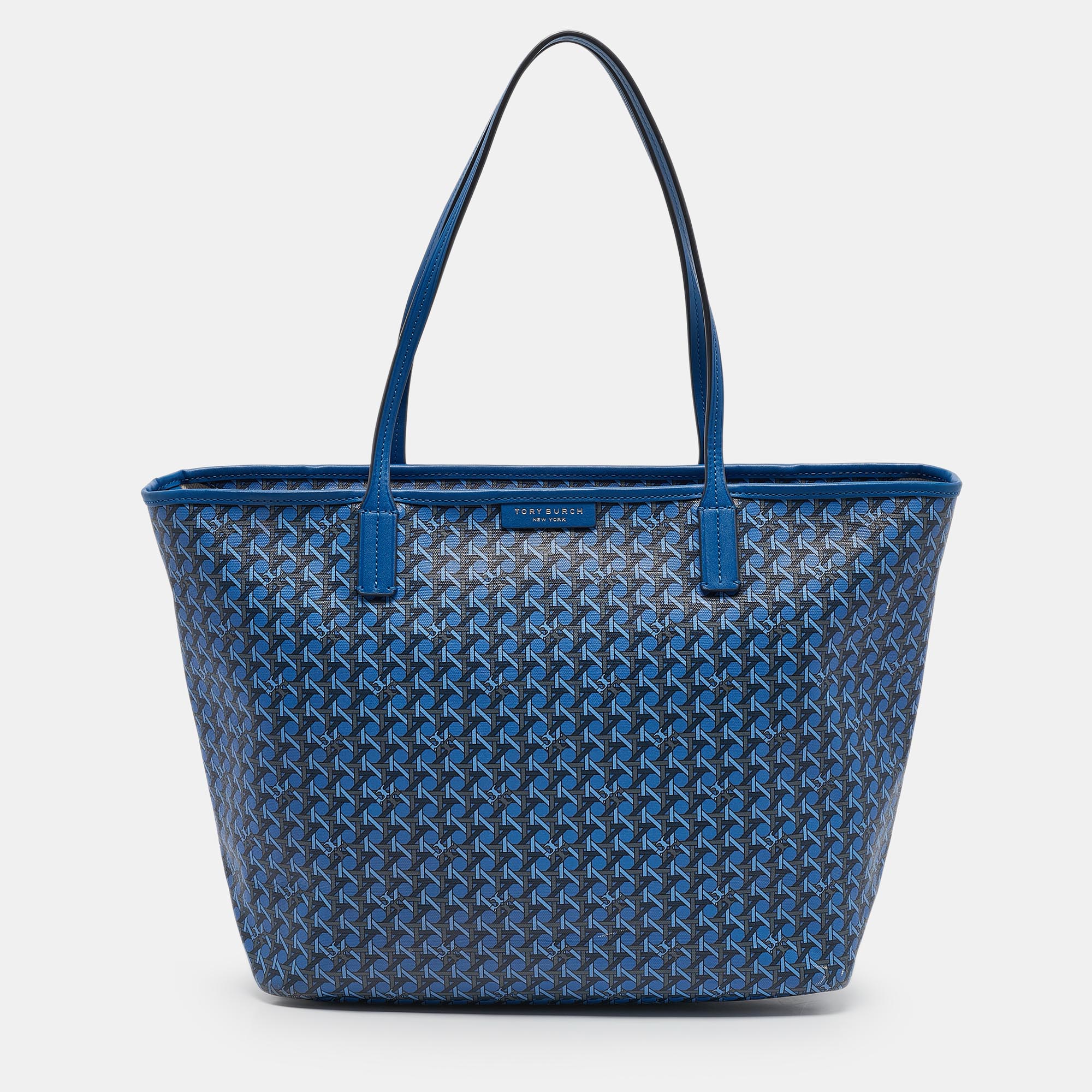 

Tory Burch Blue Basketweave Print Coated Canvas Ever-Ready Zip Tote