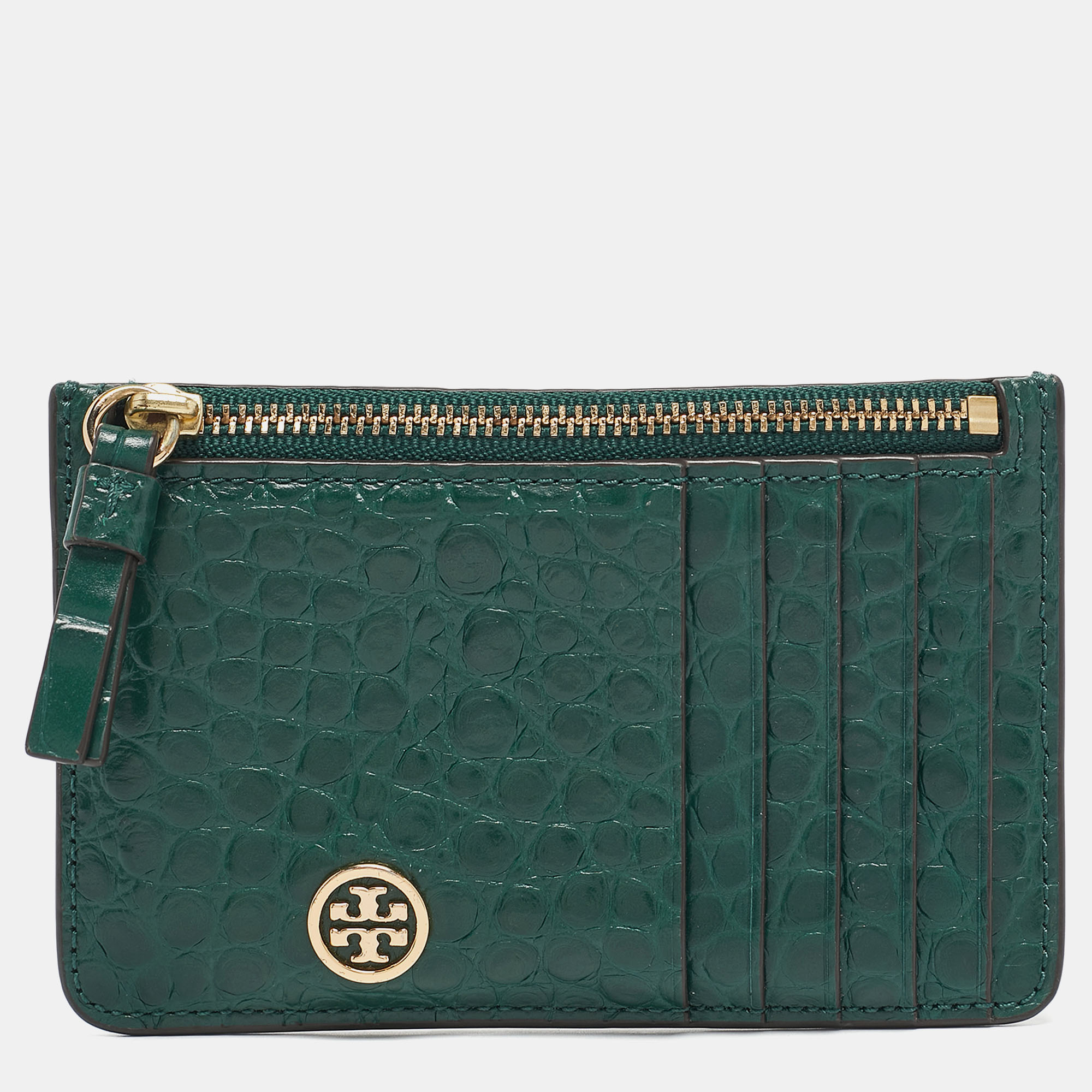 

Tory Burch Green Croc Embossed Leather Robinson Zip Card Case