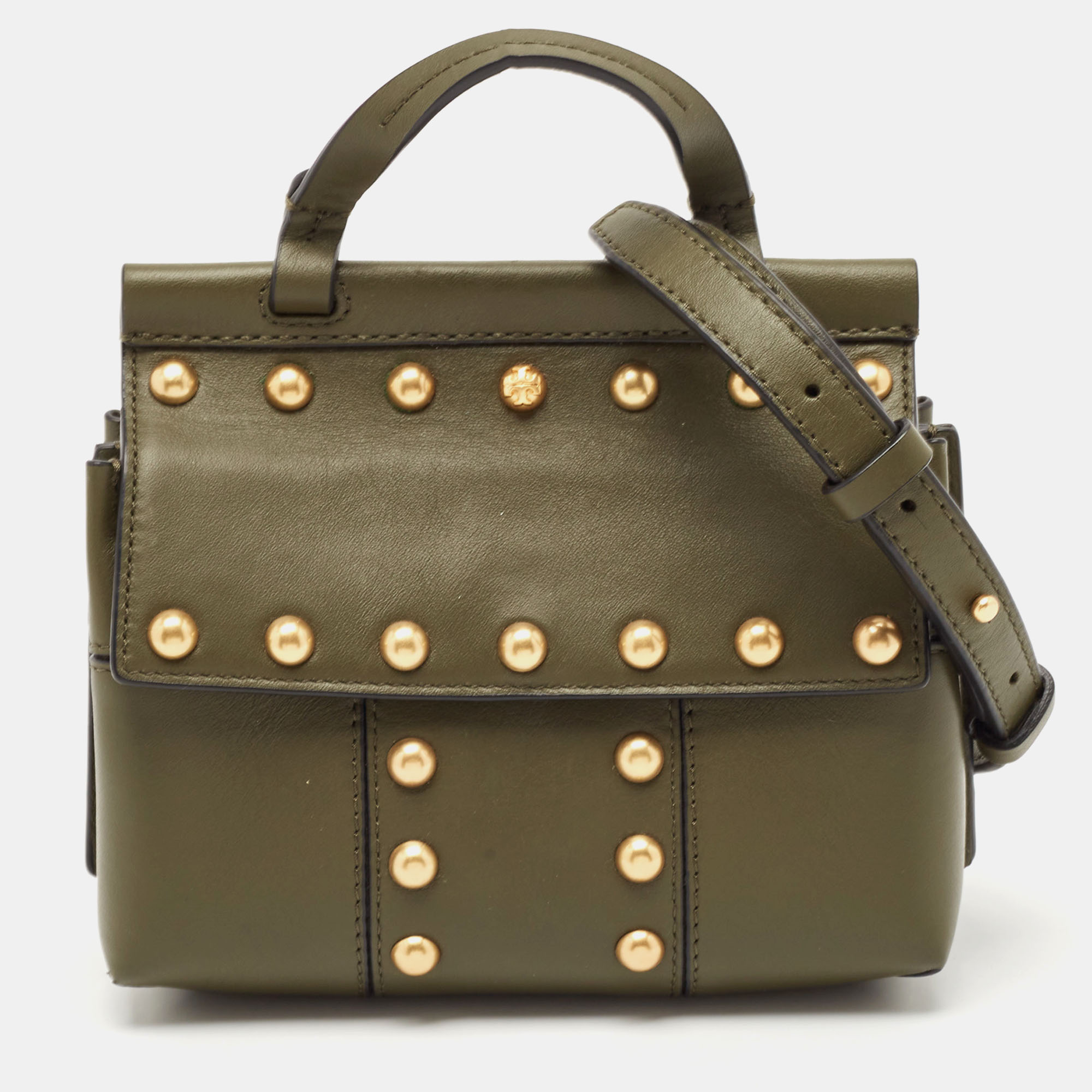 

Tory Burch Olive Green Leather Mini Studded Block-T Top Handle Bag