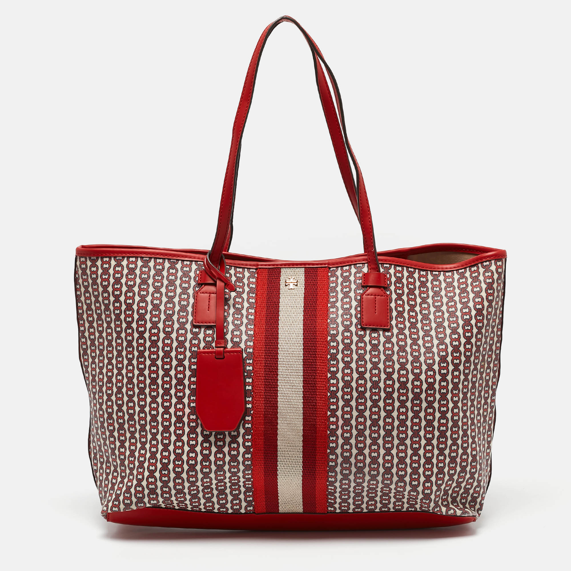 

Tory Burch Red Coated Canvas and Leather Gemini Link Tote