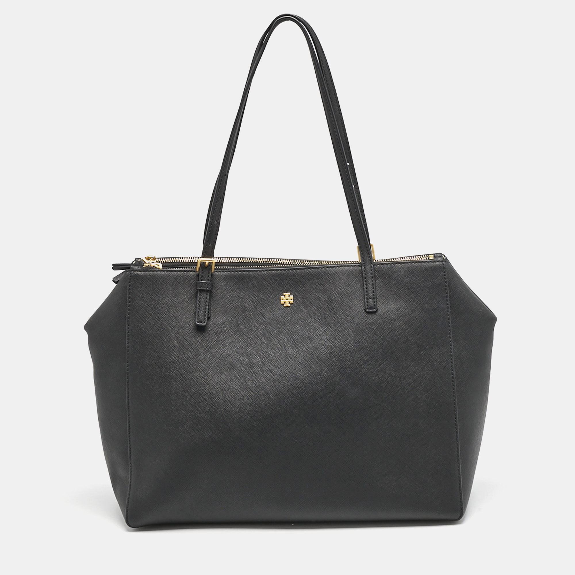 

Tory Burch Black Leather  Emerson Double Zip Tote