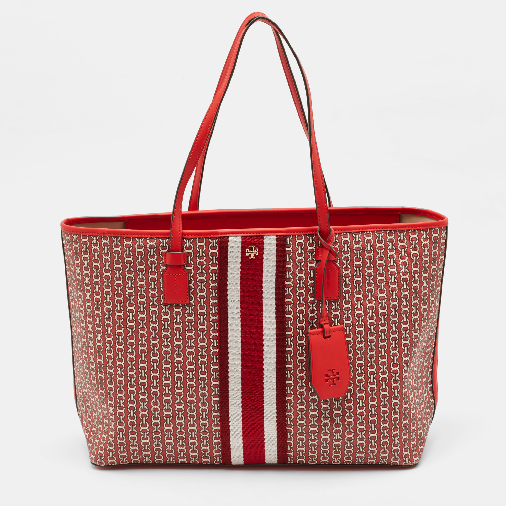 

Tory Burch Red Gemini Link Coated Canvas and Leather Top Zip Tote
