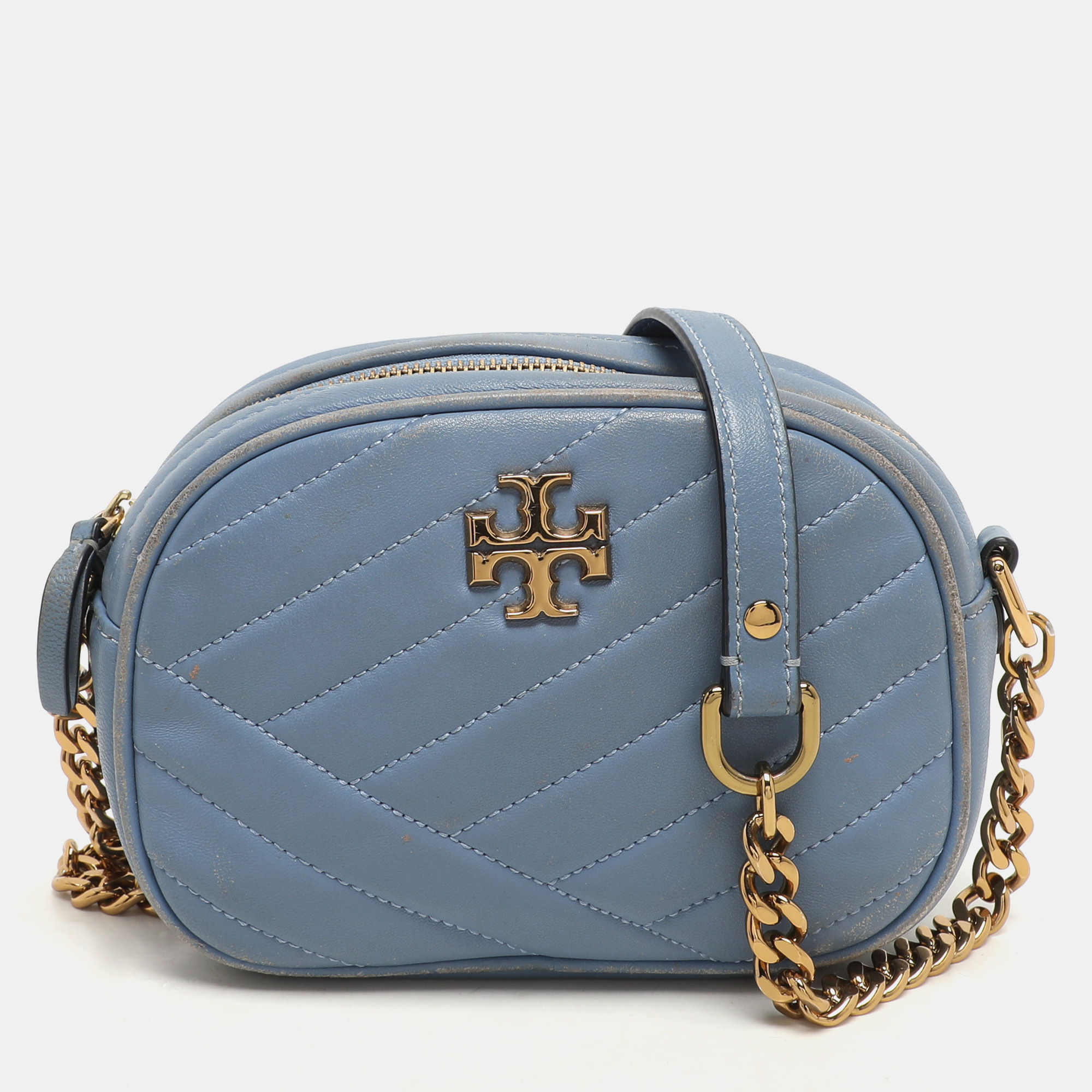 

Tory Burch Blue Chevron Leather Small Kira Camera Bag