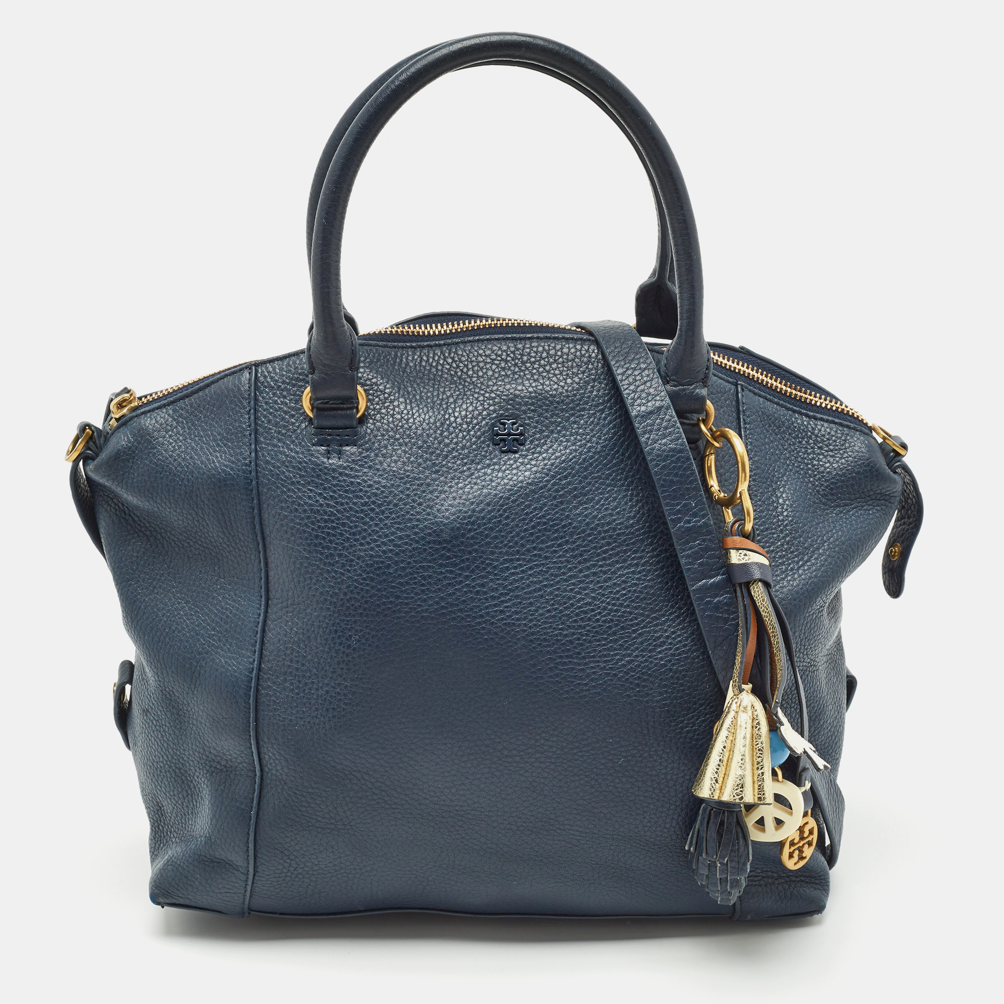 

Tory Burch Navy Blue Leather Peach Satchel