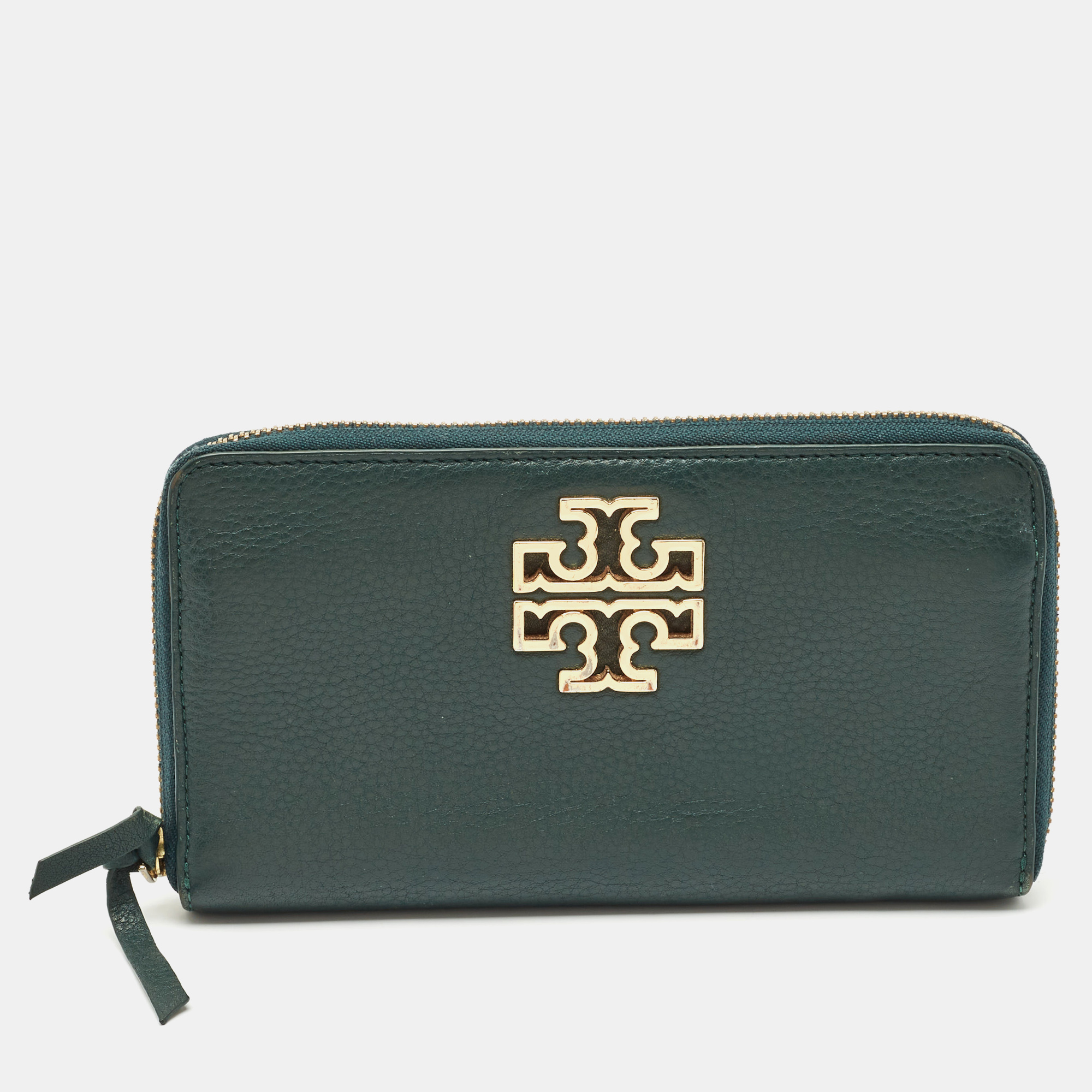 

Tory Burch Dark Green Leather Britten Zip Around Wallet