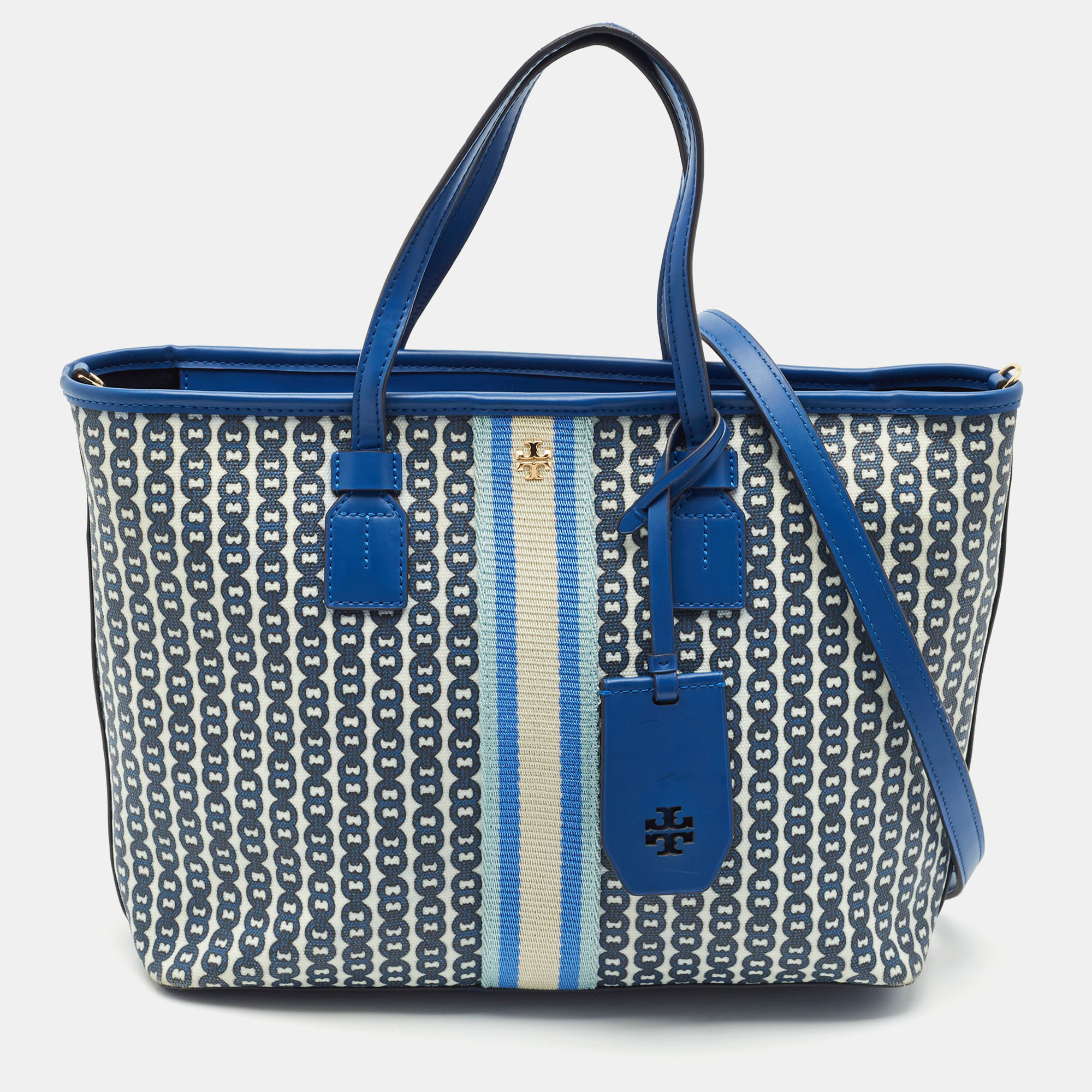 

Tory Burch Blue Gemini Link Canvas and Leather Small Top Zip Tote