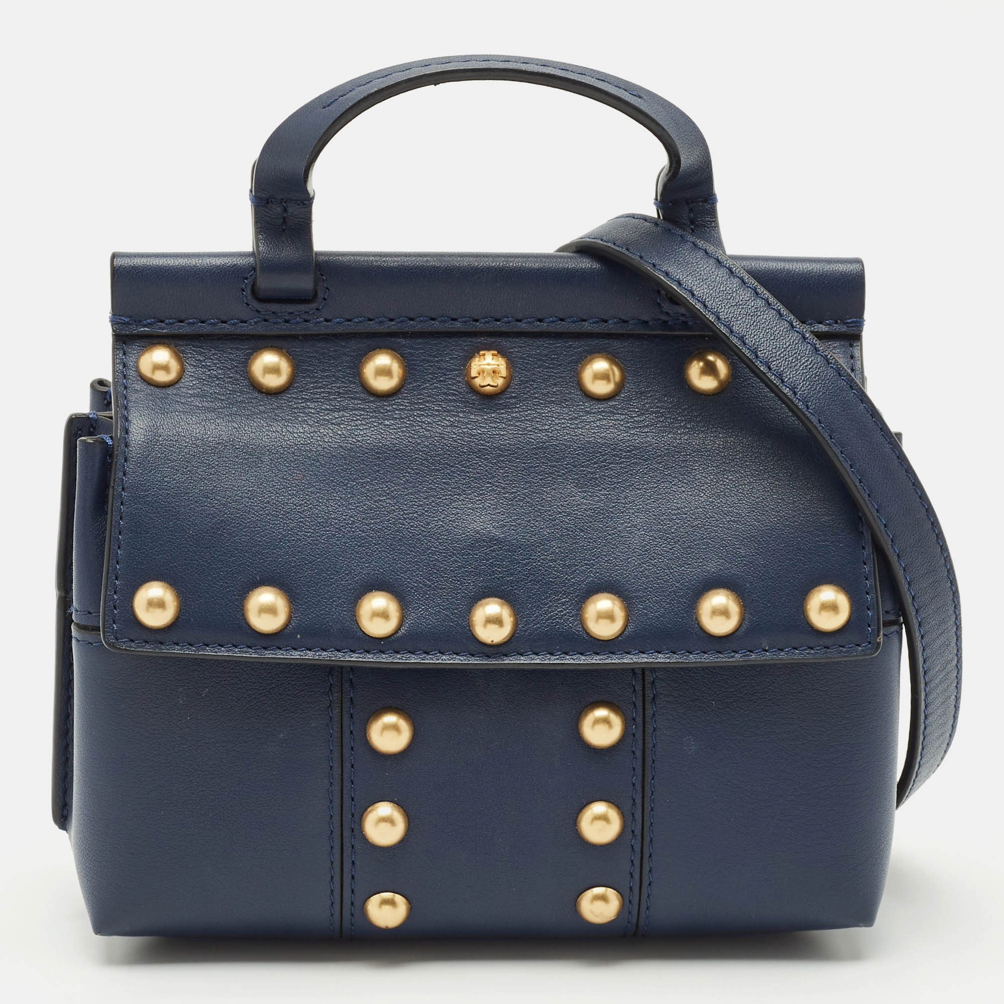 

Tory Burch Navy Blue Leather Mini Block-T Studded Top Handle Bag