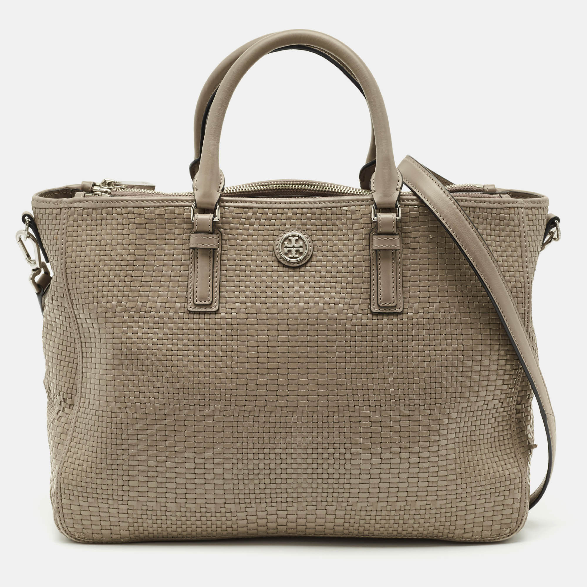 

Tory Burch Grey Woven Patent and Leather Robinson Double Zip Tote