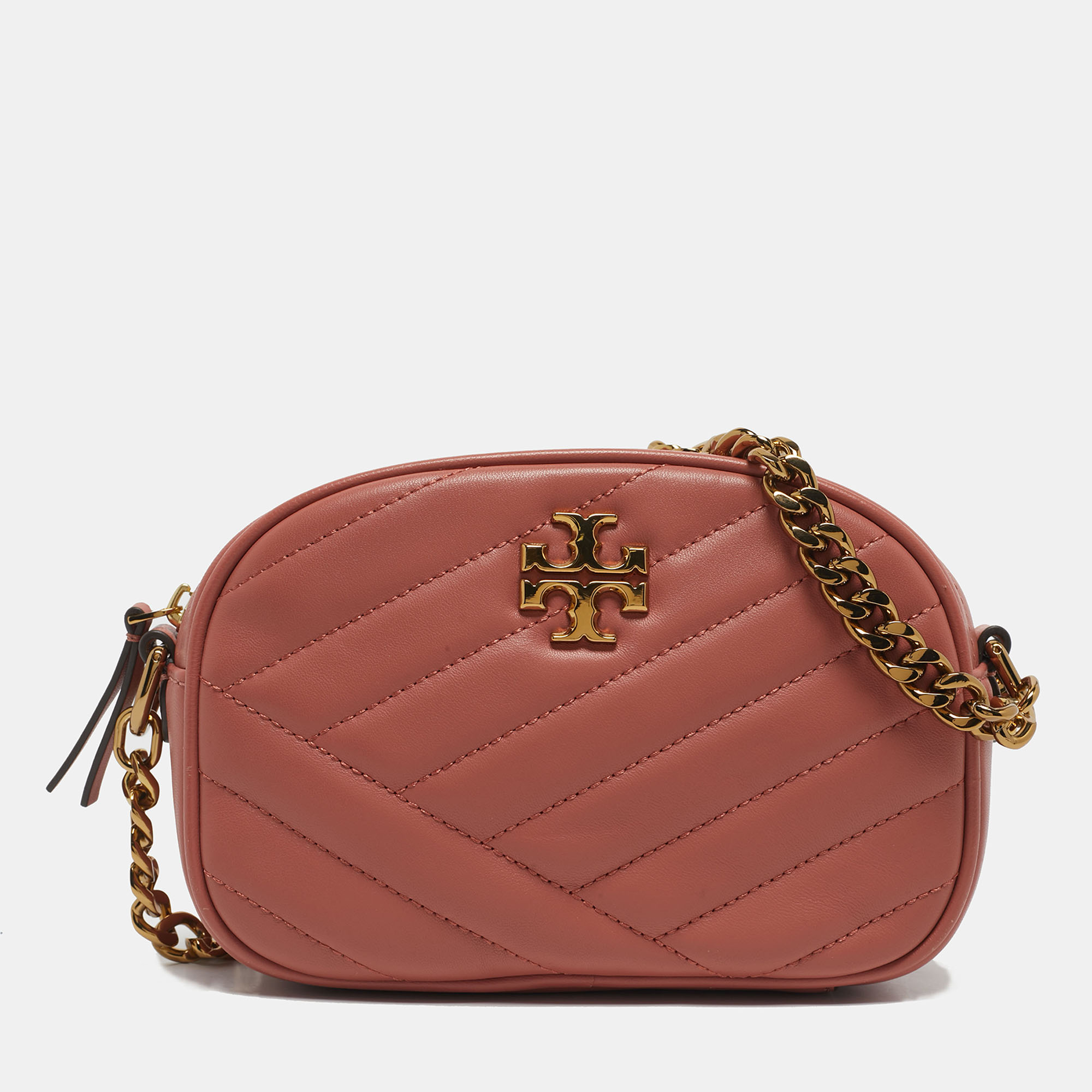 

Tory Burch Coral Pink Leather Kira Camera Crossbody Bag