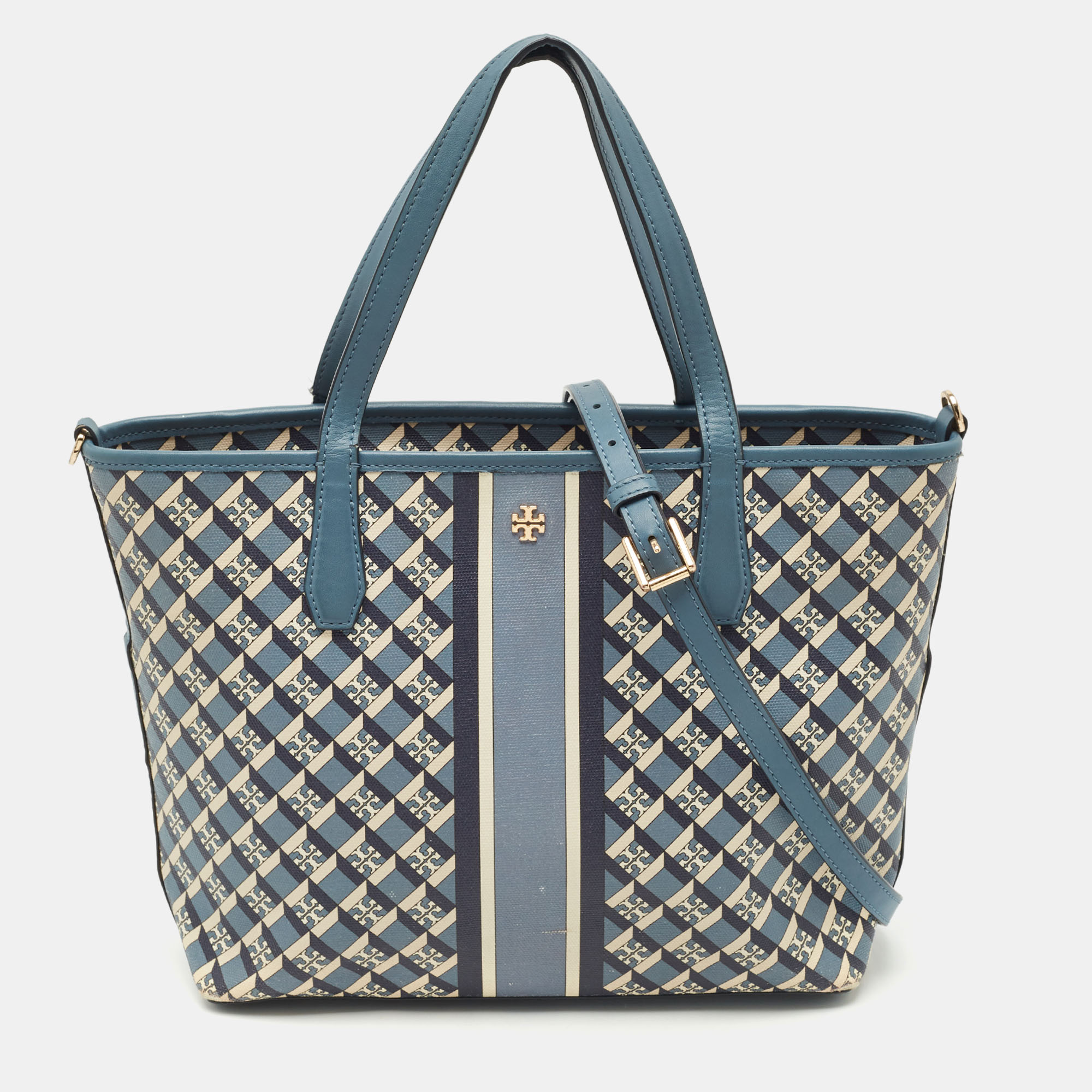 Pre-owned Tory Burch Blue/white Coated Canvas And Leather Geo Logo Allover Tote