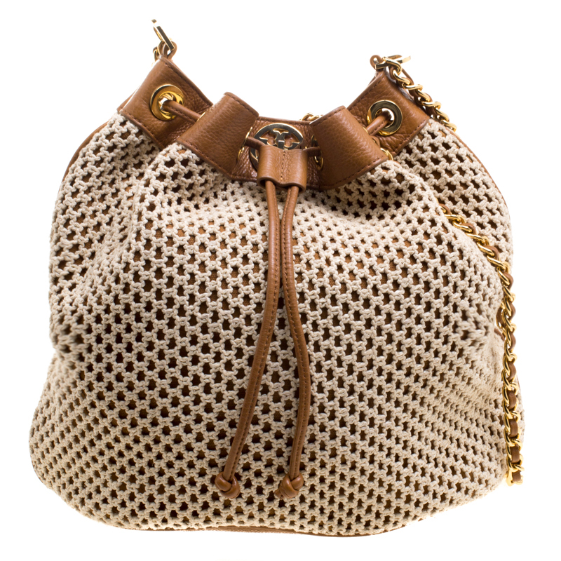 Pre Owned Tory Burch Brown Fabric and Leather Adalyn Bucket Bag