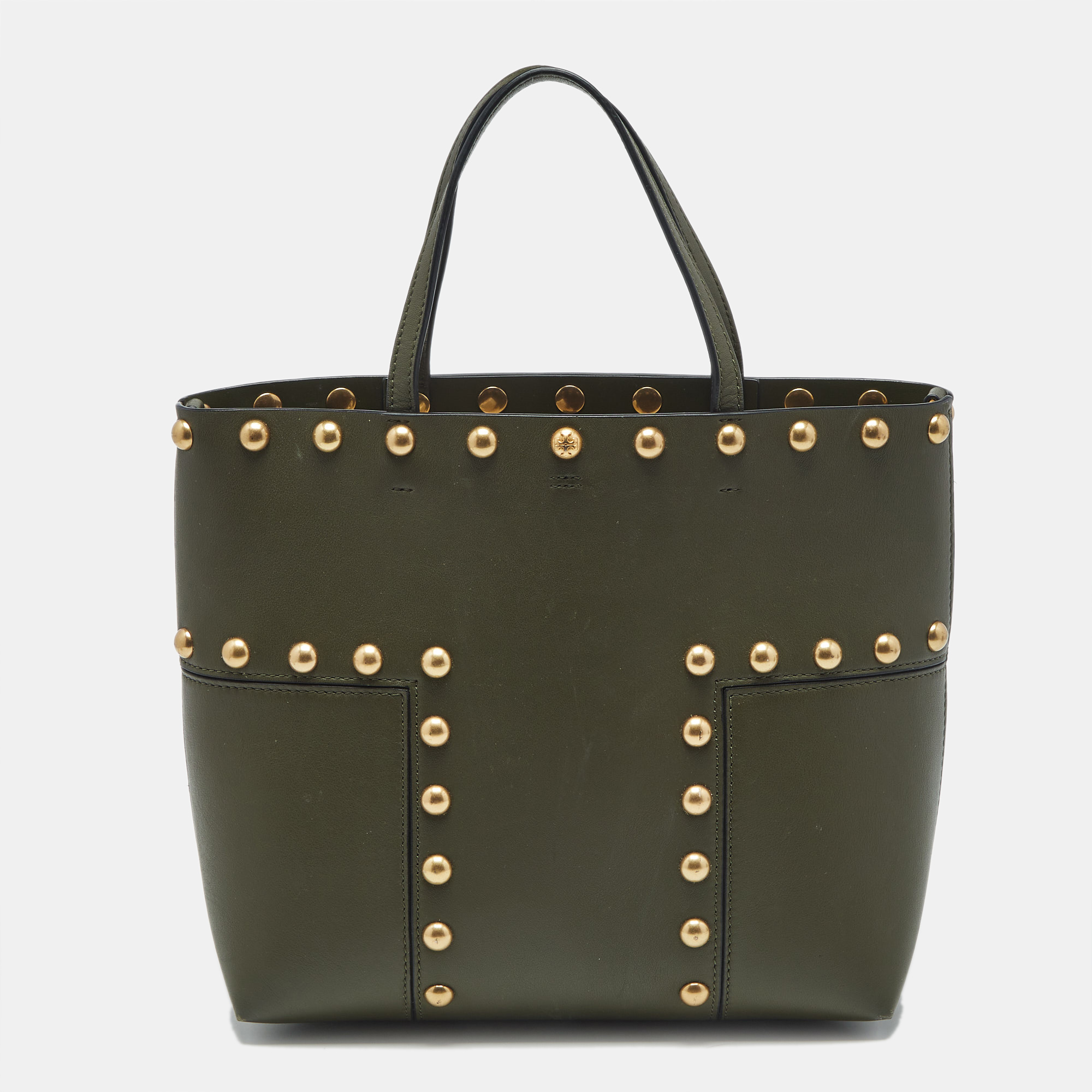 Pre-owned Tory Burch Olive Green Leather Block-t Stud Tote