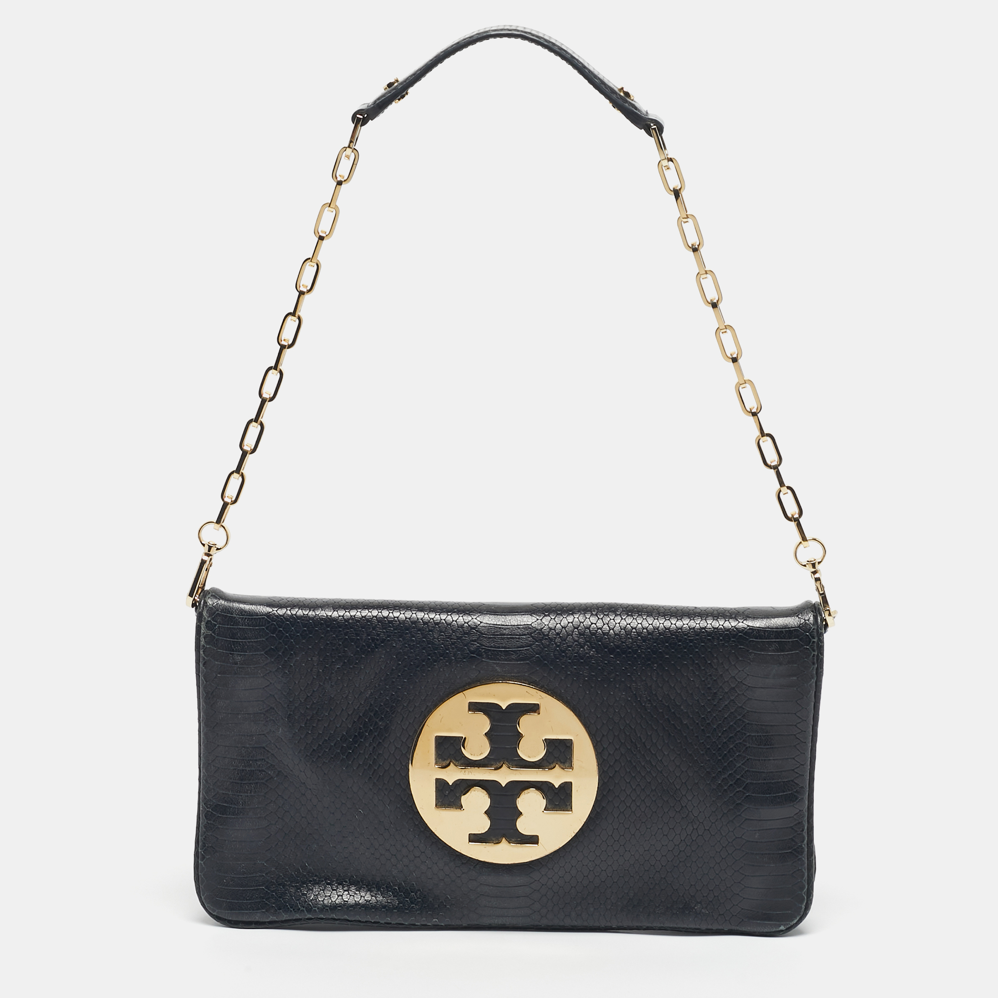

Tory Burch Navy Blue Snakeskin Embossed Leather Reva Flap Shoulder Bag