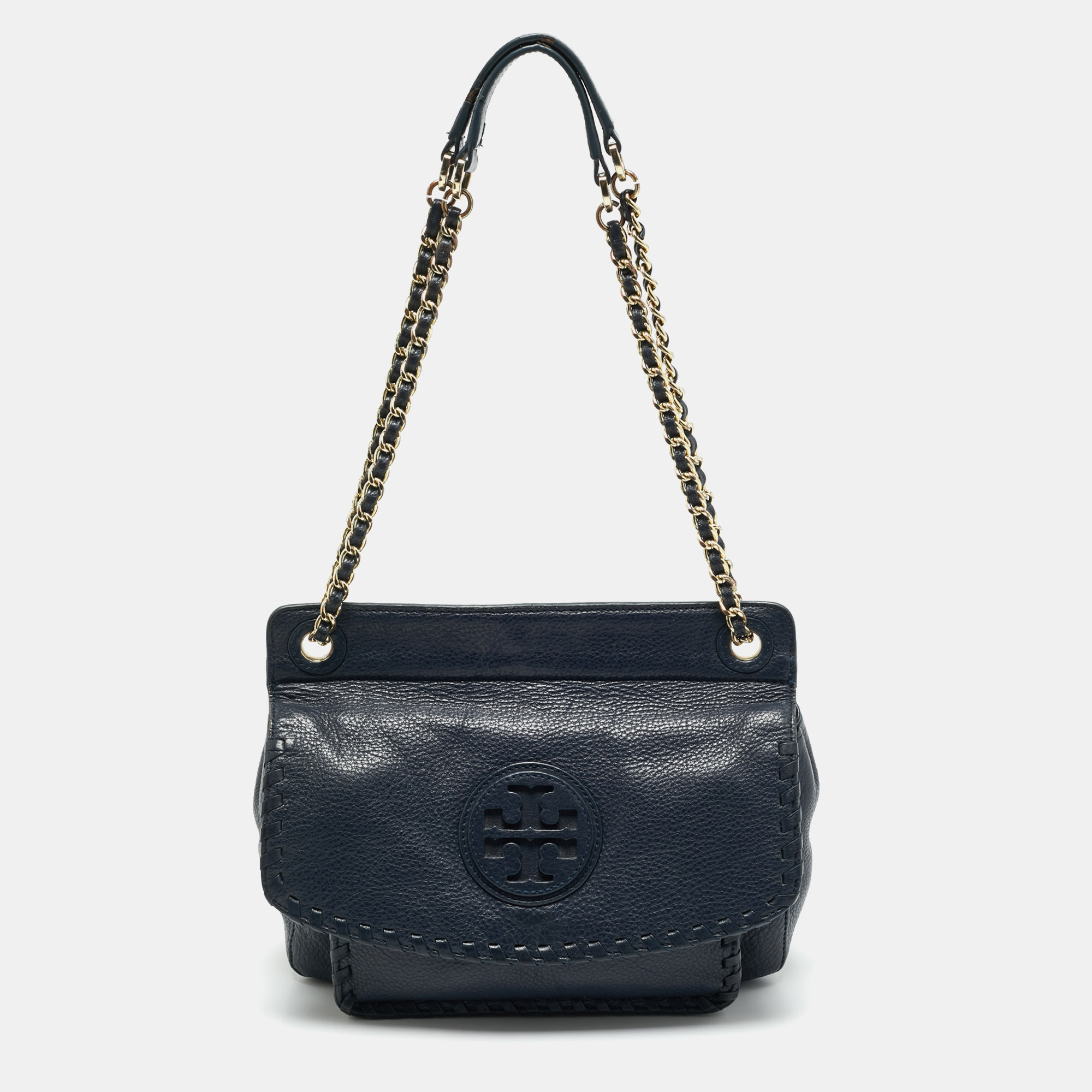 Pre-owned Tory Burch Navy Blue Leather Marion Shoulder Bag