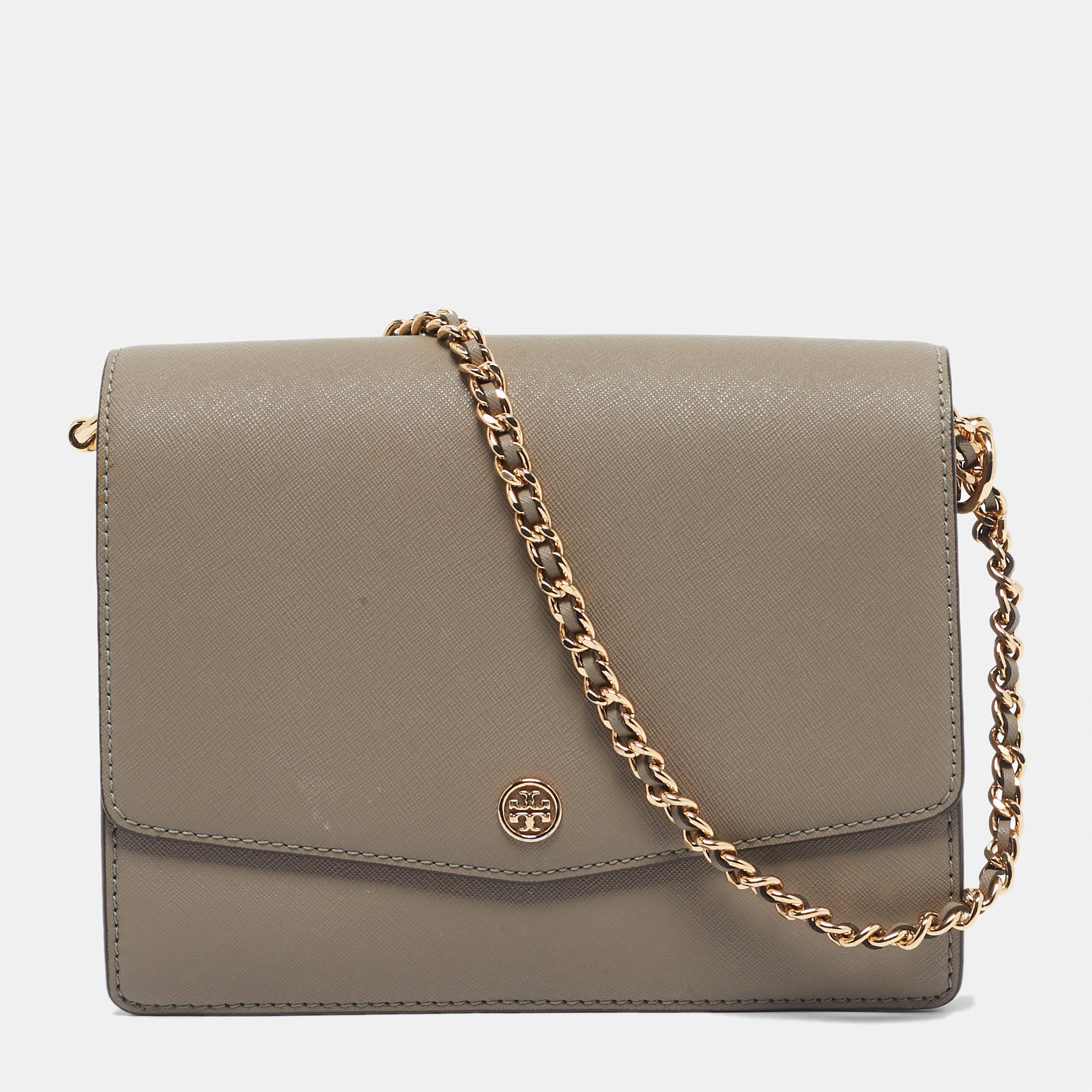 Pre-owned Tory Burch Grey Leather Robinson Flap Shoulder Bag In Gray