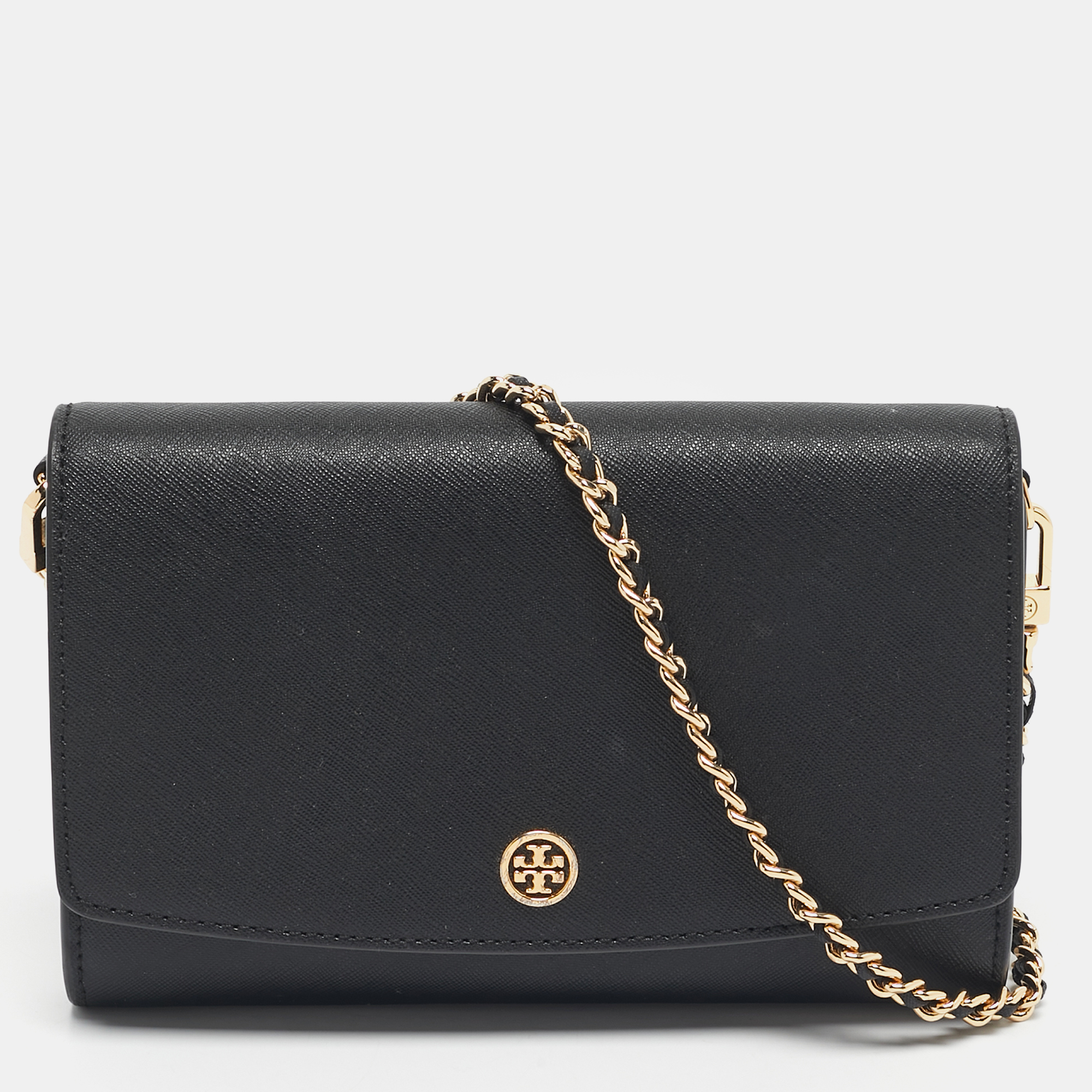 

Tory Burch Black Leather Robinson Flap Chain Clutch Bag