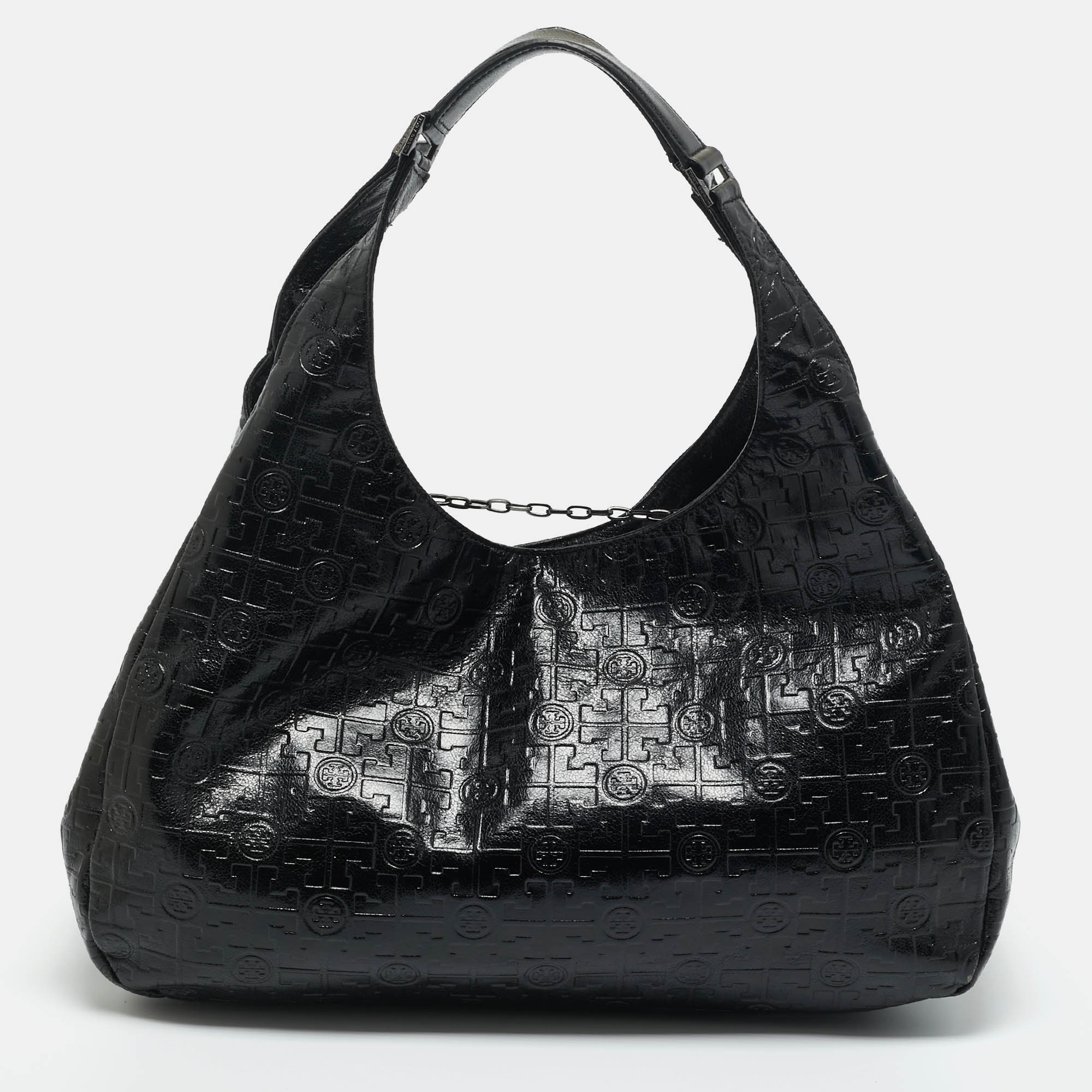 Pre-owned Tory Burch Black Logo Embossed Leather Dafina Hobo
