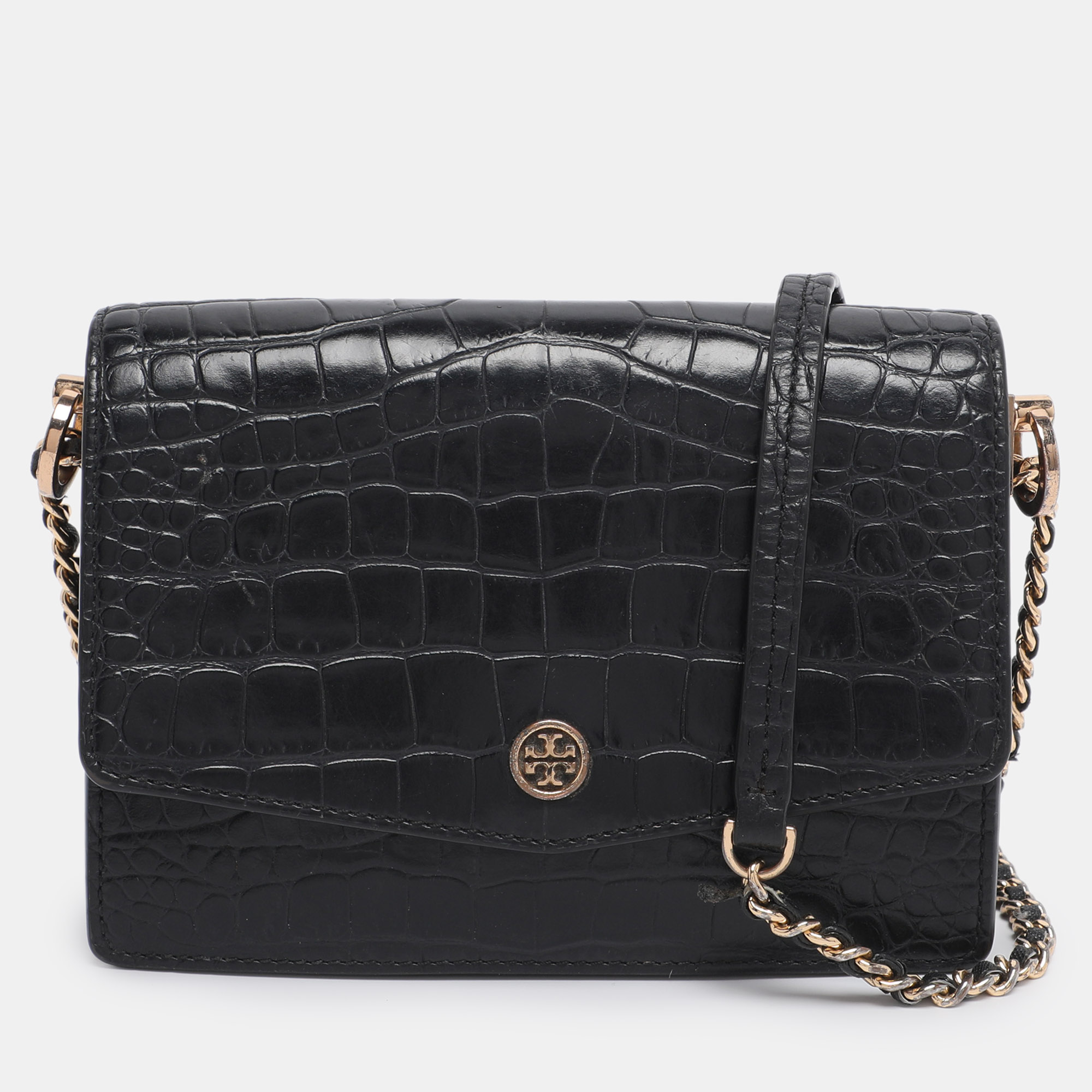 

Tory Burch Black Croc Embossed Leather Emerson Crossbody Bag