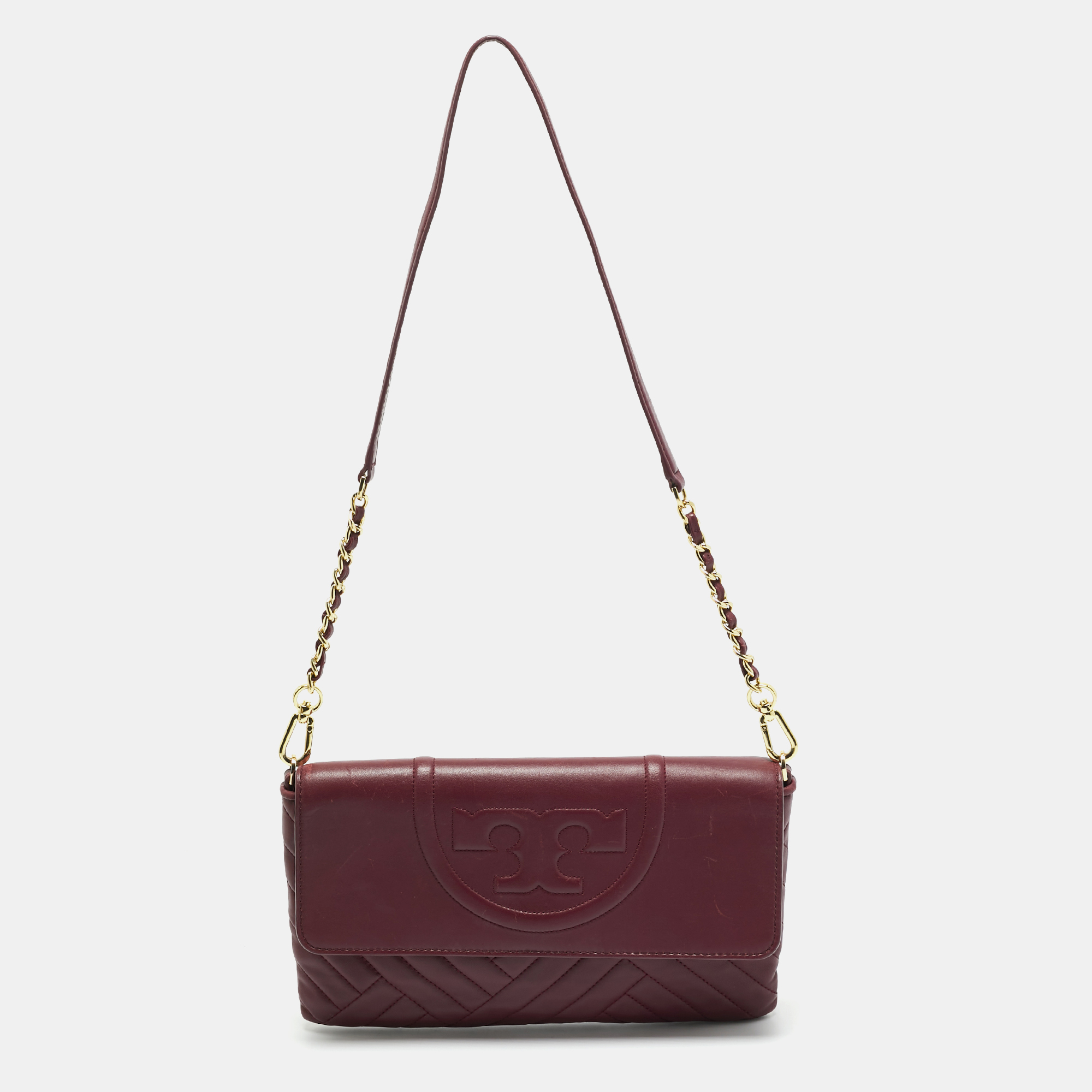 Pre-owned Tory Burch Burgundy Leather Alexa Chain Flap Clutch
