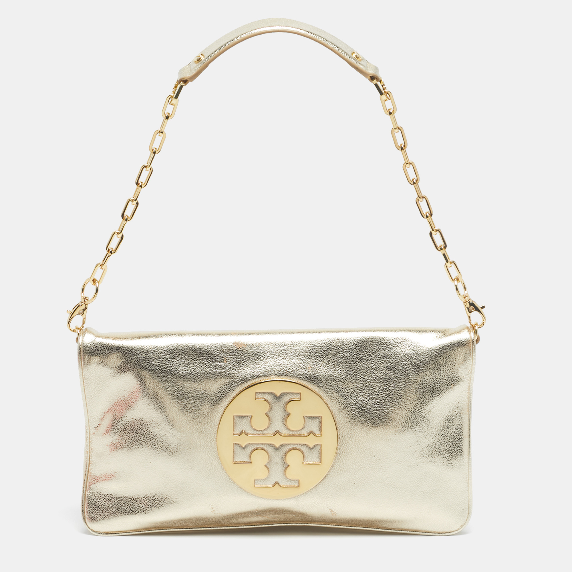 Pre-owned Tory Burch Gold Leather Reva Chain Clutch