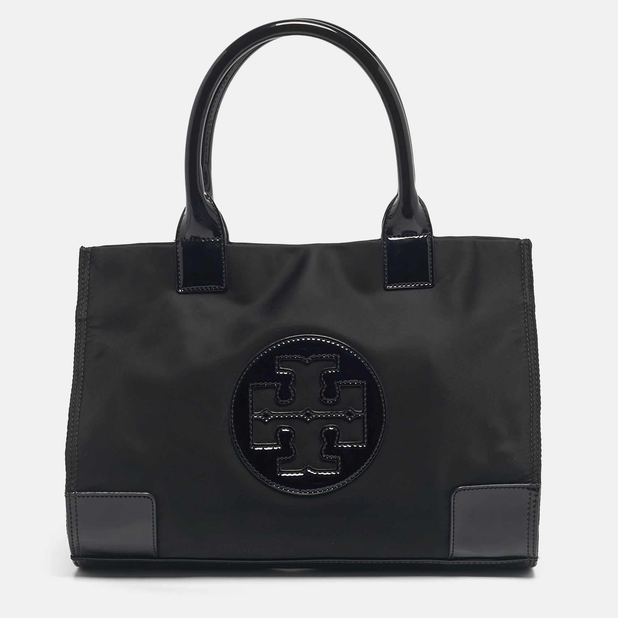 Pre-owned Tory Burch Black Nylon And Patent Leather Medium Ella Tote