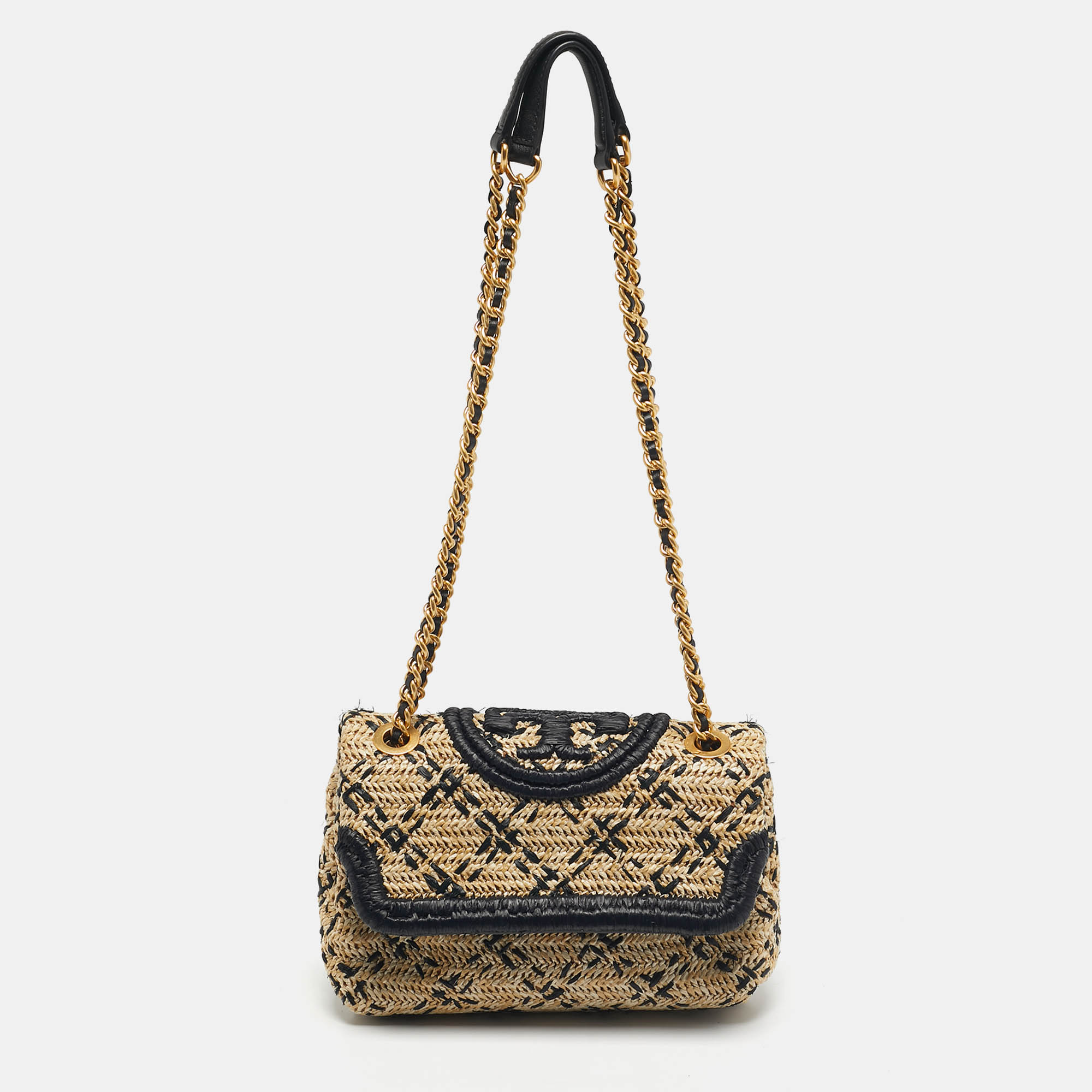 

Tory Burch Black/Natural Raffia  Fleming Convertible Shoulder Bag