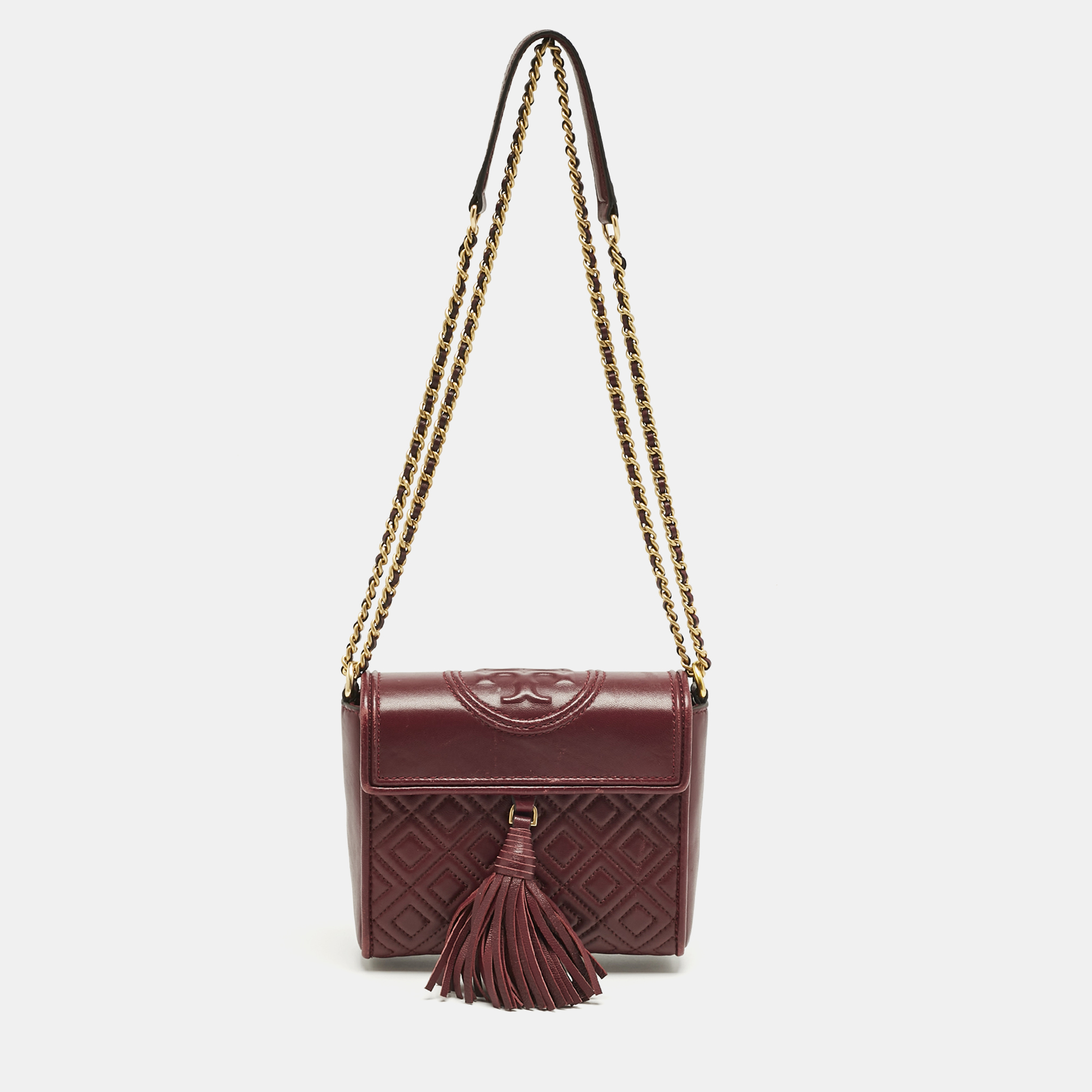 

Tory Burch Burgundy Quilted Leather Fleming Tassel Crossbody Bag