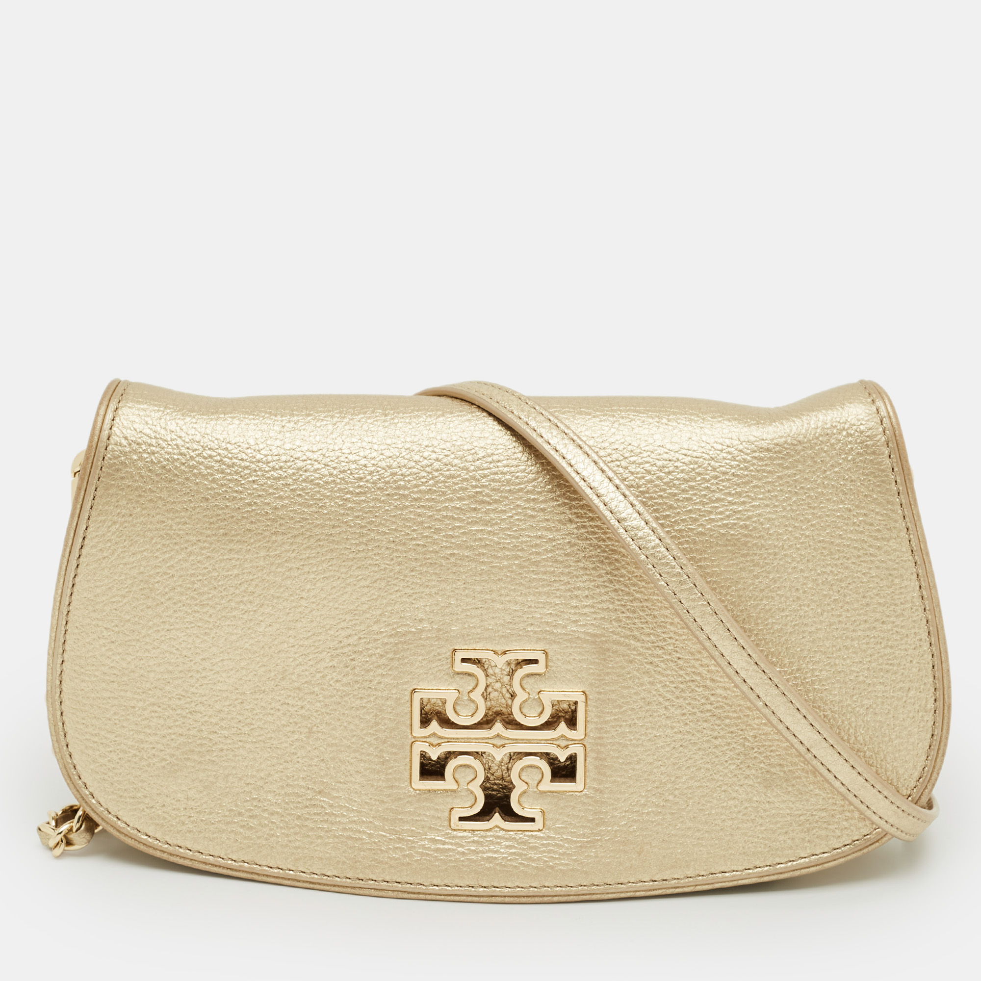 

Tory Burch Gold Leather Britten Flap Crossbody Bag