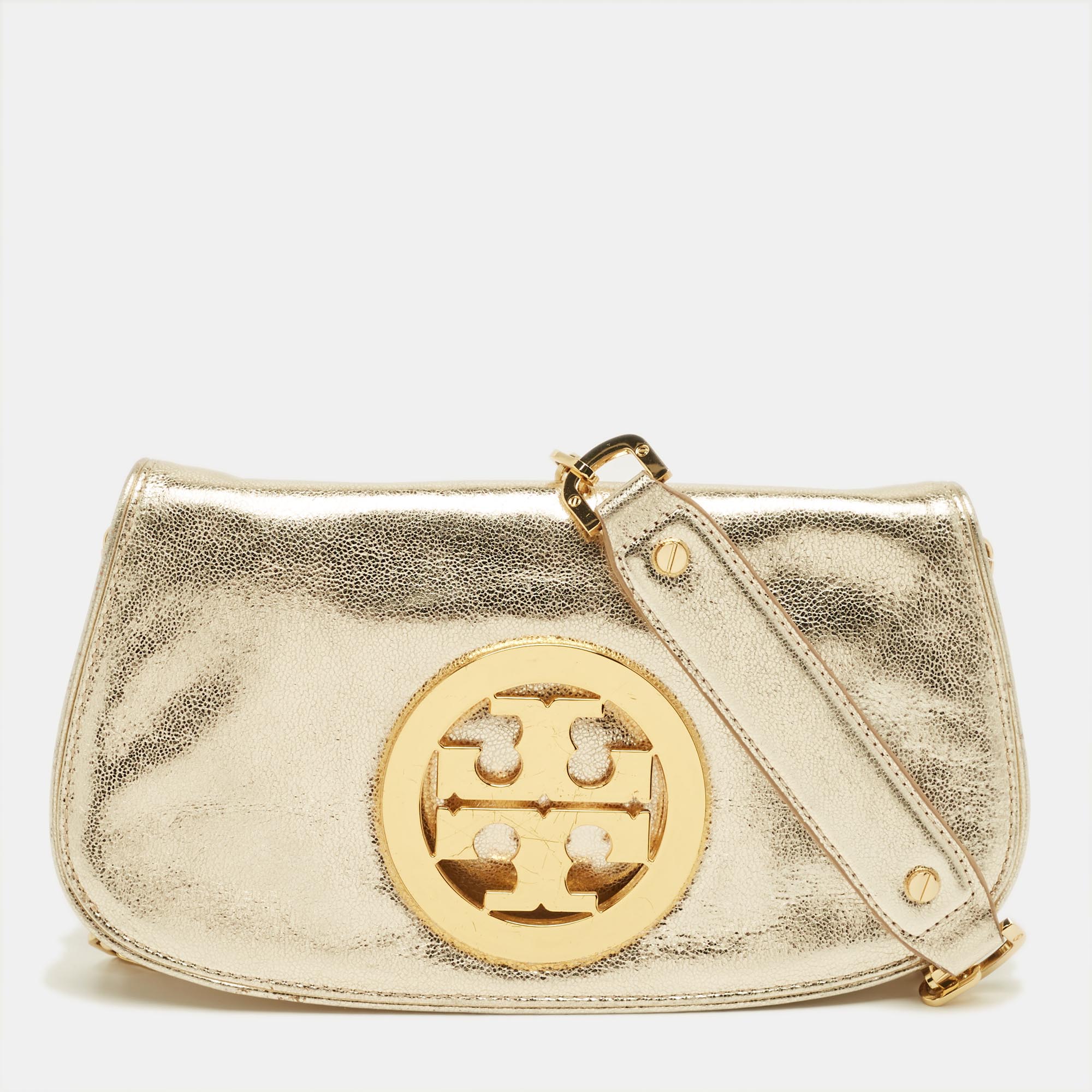 Pre-owned Tory Burch Gold Leather Reva Chain Clutch